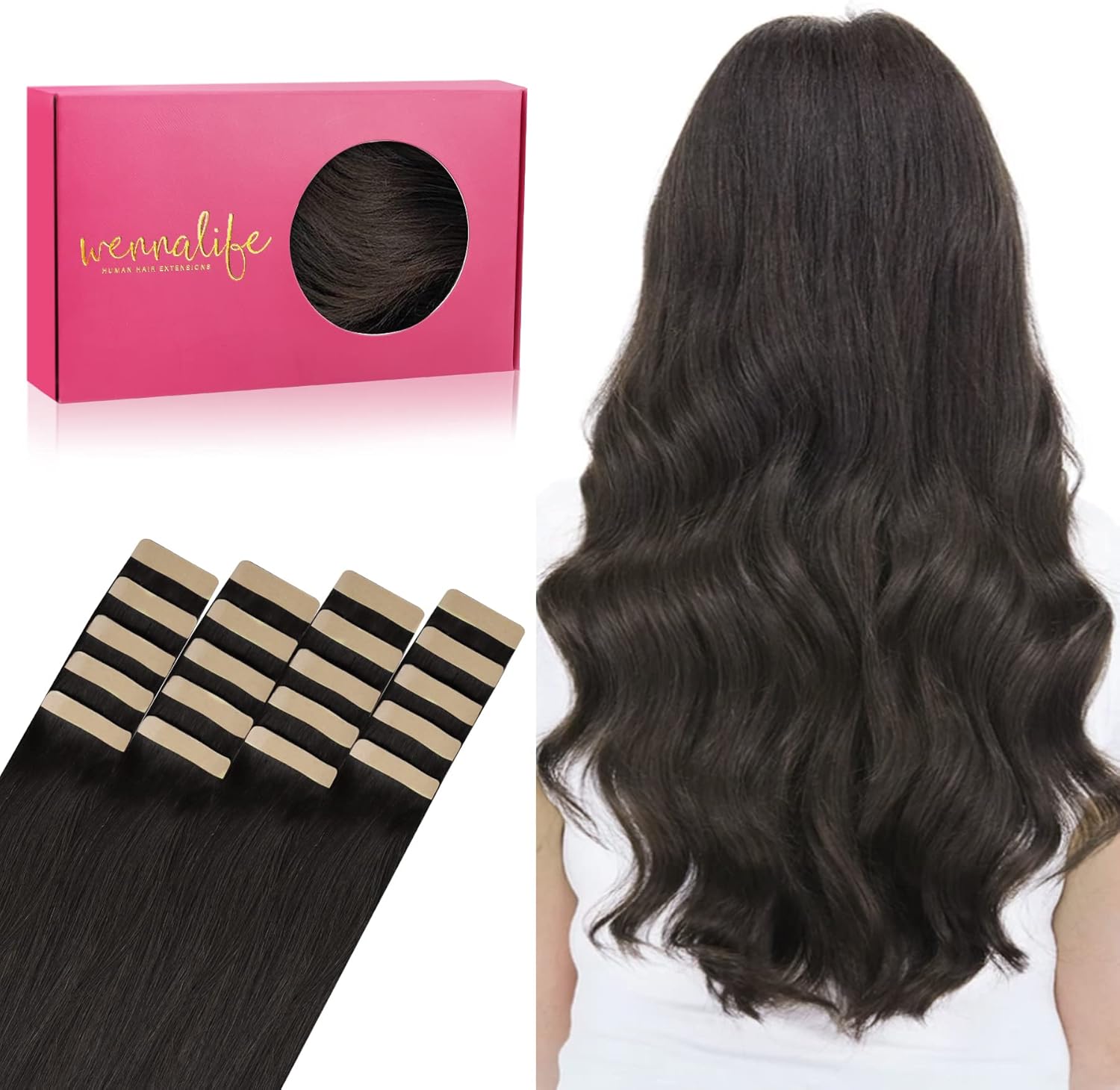 WENNALIFE Tape in Hair Extensions Human Hair, 20pcs 20 inch 50g Dark Brown Remy...
