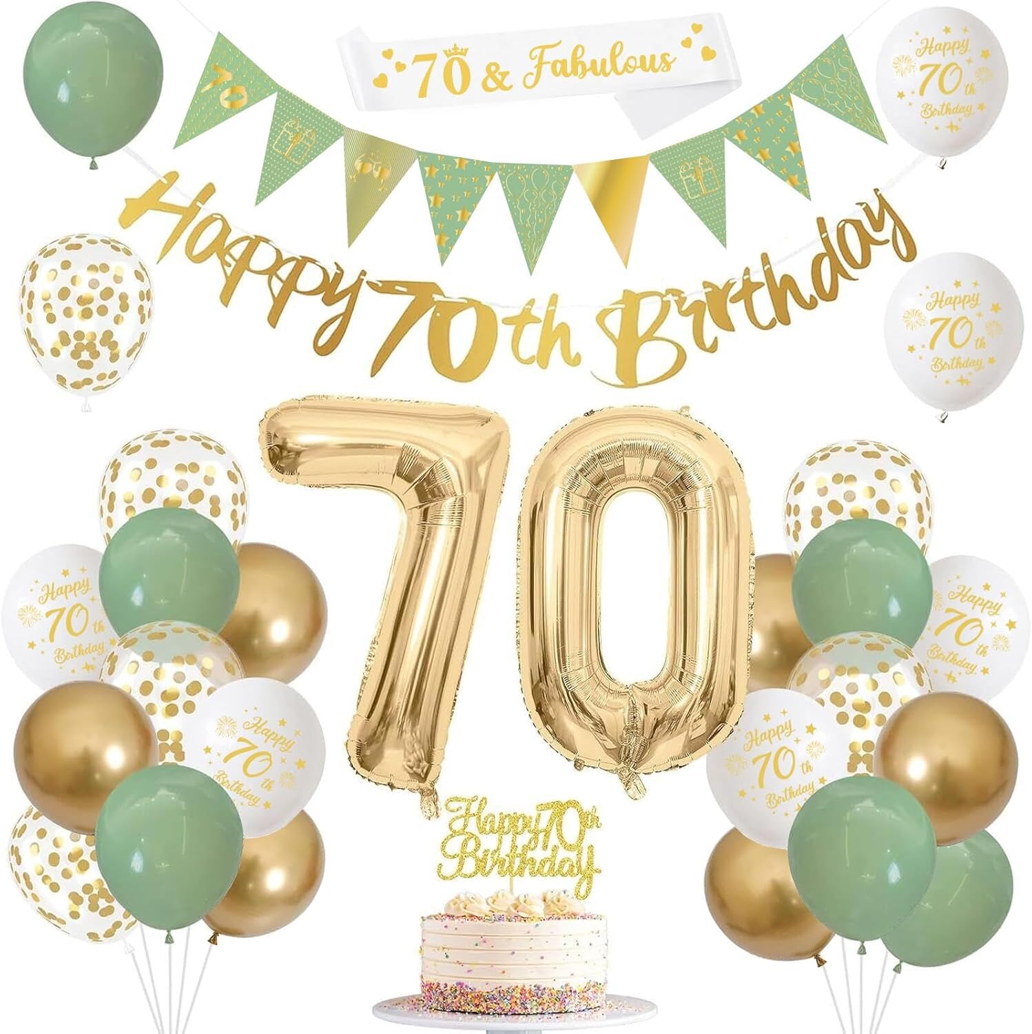 70th Birthday Decorations,Sage Green Gold White 70th Birthday Banners Balloons C...