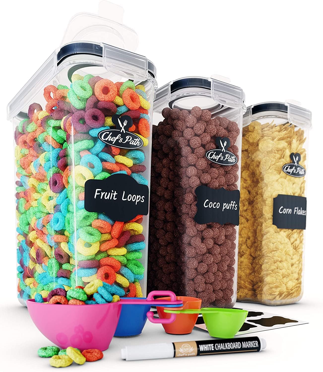 Chef's Path Cereal Storage Containers (4L, Set of 3) - Plastic Airtight Food Sto...