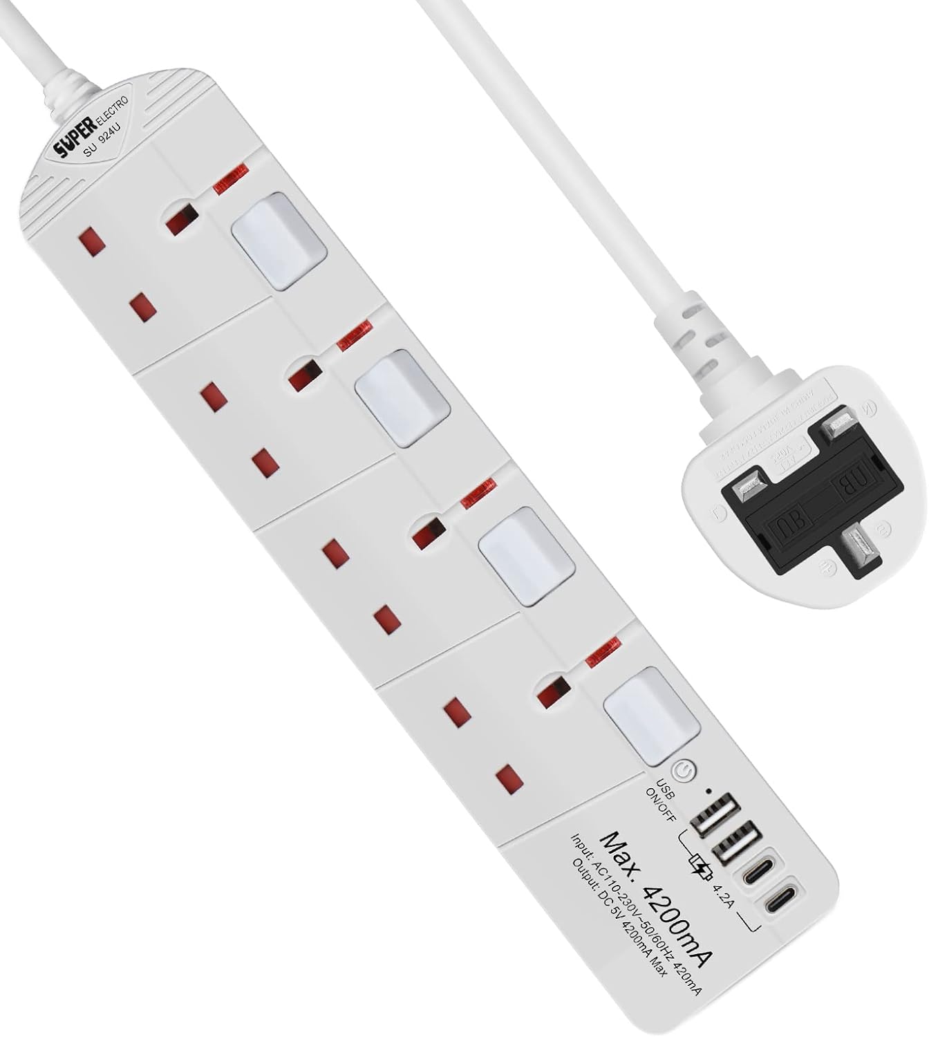 SE UKASE Extension Lead with USB Slots(5V/4.2A), 4 Way Plug Sockets with Individ...