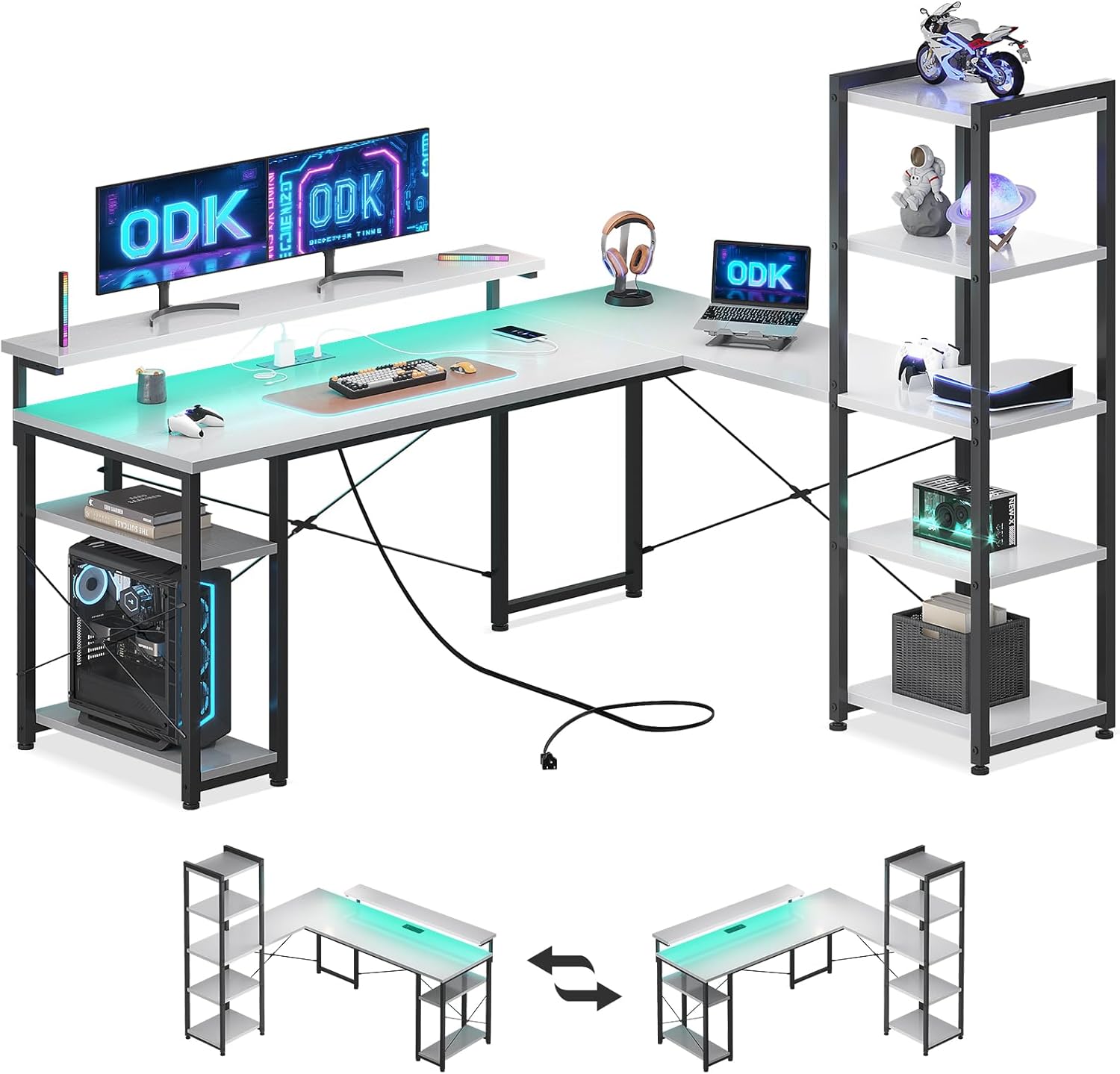 ODK L Shaped Desk with LED Lights & Power Outlets, Reversible Computer Desk with...