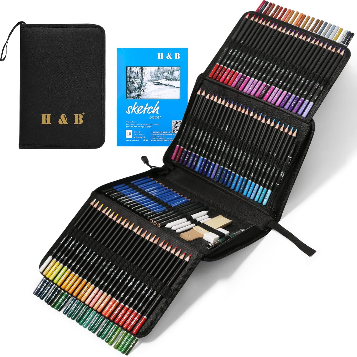 H & B Coloured Pencils and Sketch Pencils 145 Pcs with Sketch Book and Pencils C...