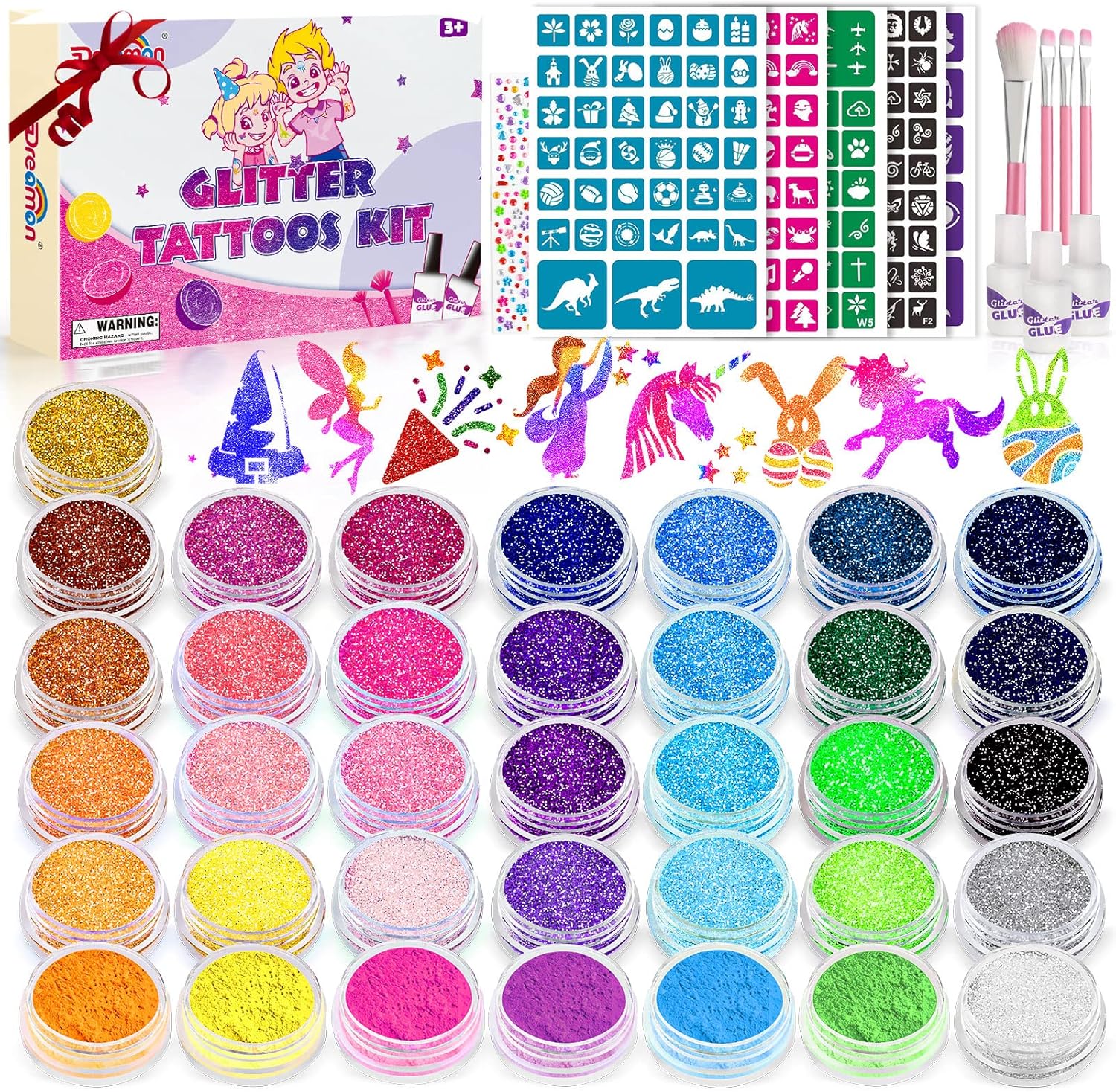 Dreamon Glitter Tattoos for Kids, Kids Temporary Tattoo for Girls Boys, 36 Colou...