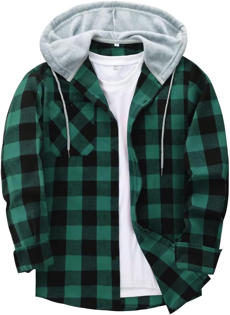JACKETOWN Men's Hooded Check Shirts Long Sleeve Button Down Lumberjack Casual Re...