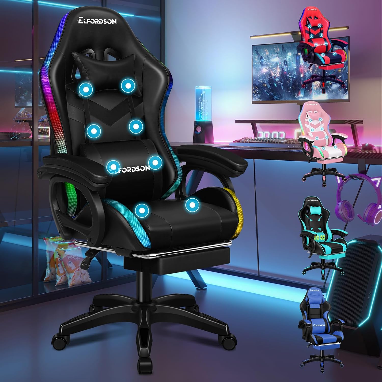 ELFORDSON LED Gaming Chair with 8-POINT Massage, Swivel Office Chair with Head P...