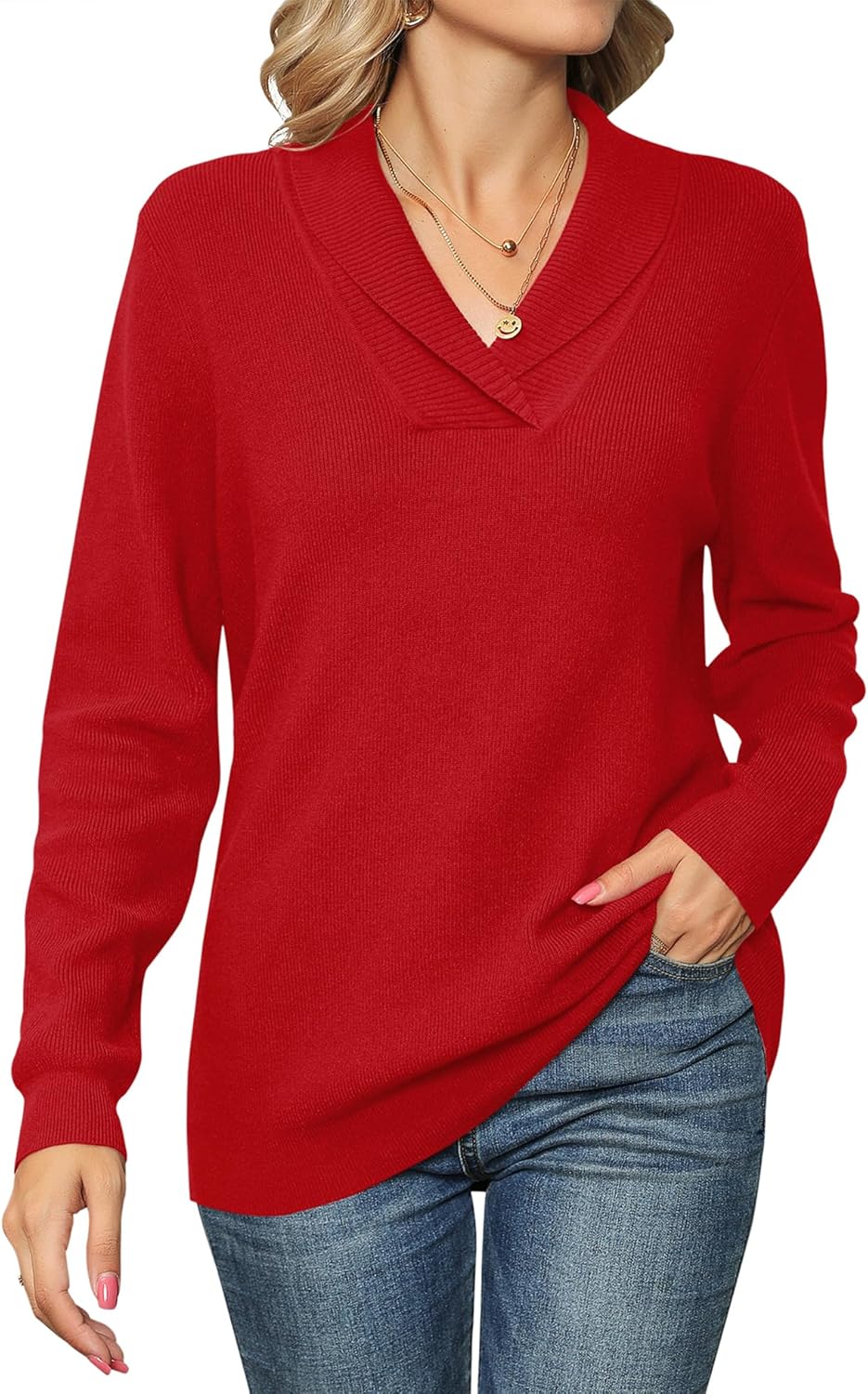 IECCP Women's V Neck Tops Long Sleeve Jumpers Solid Color Pullover Lapel Knit Sw...