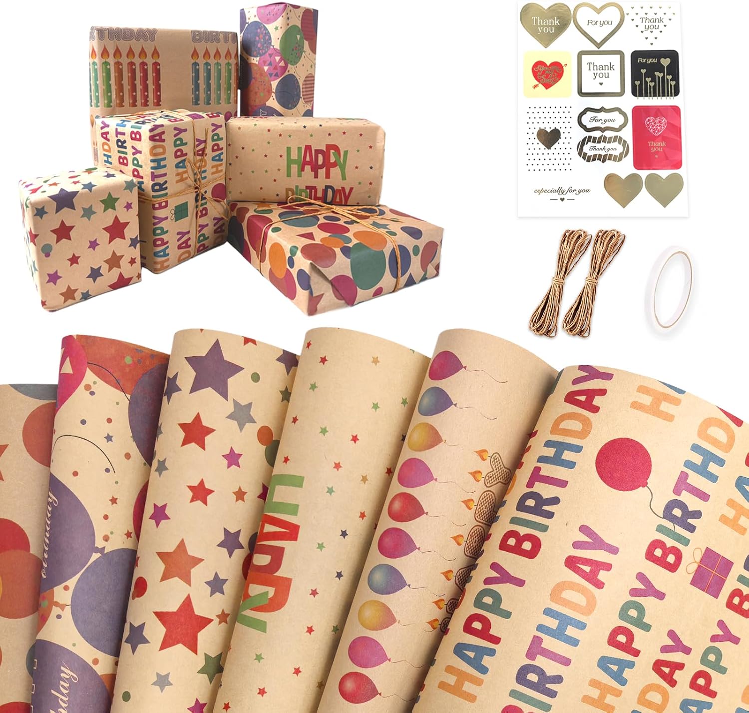 Niviy Wrapping Paper Birthday Sheets (70 x 50cm) - 6 Pack Brown Kraft Gift Wrapp...