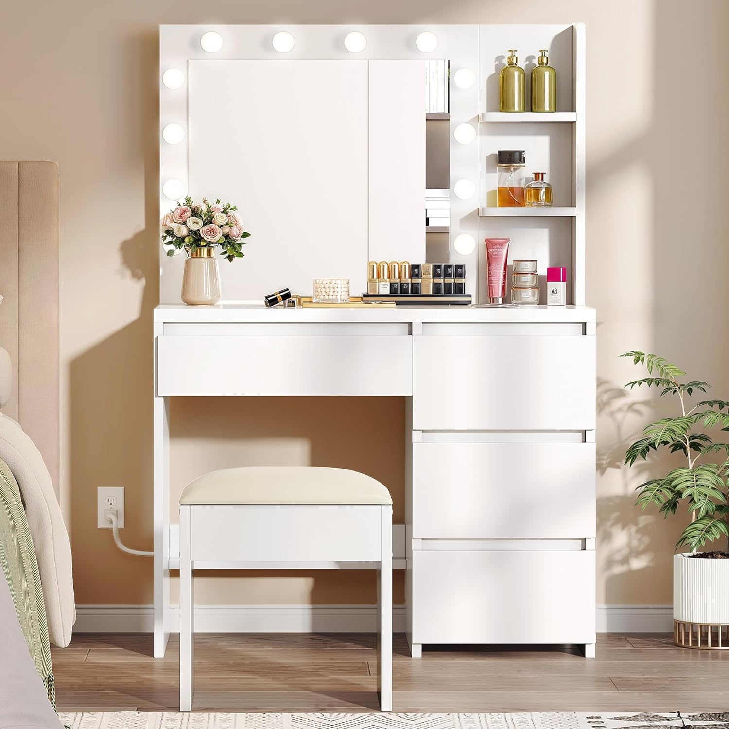 YITAHOME Dressing Table with Mirror and Stool, White Dressing Table with 4 Drawe...