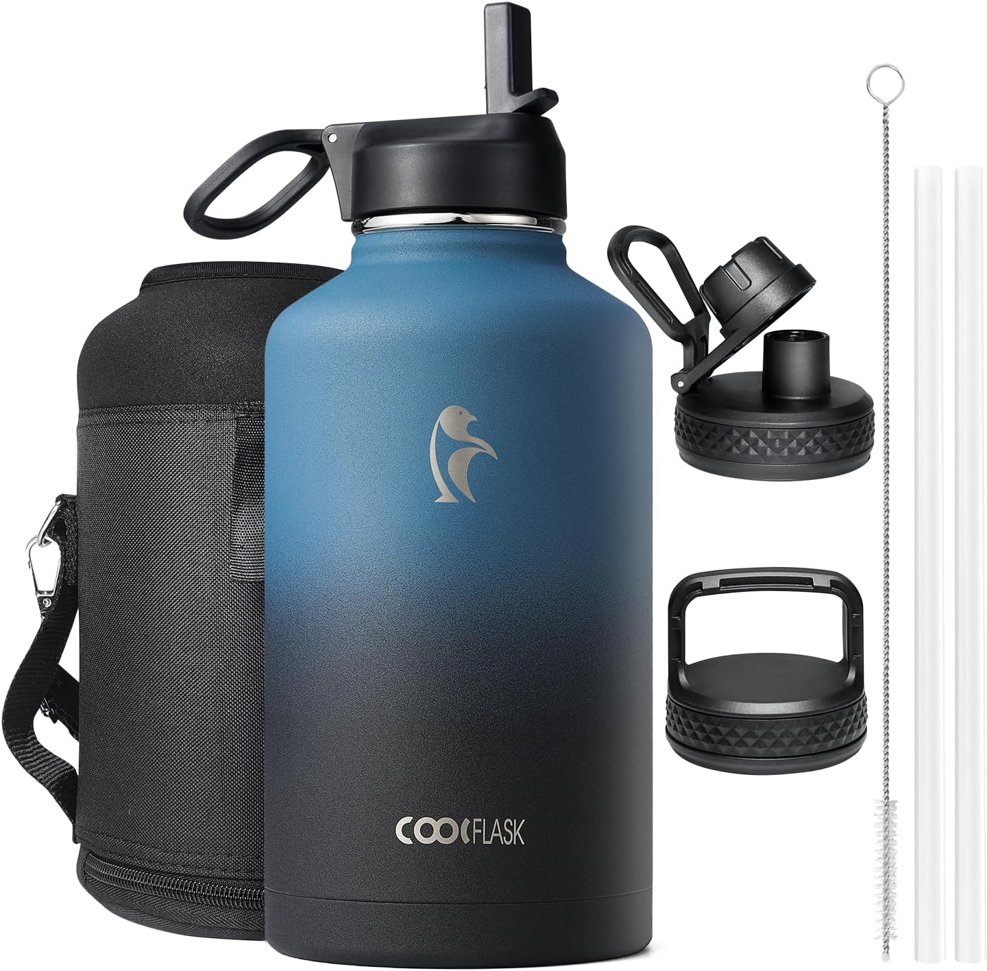 Insulated Water Bottle 2L, Coolflask Water Bottle with Straw & 3 Lids, Stainless...