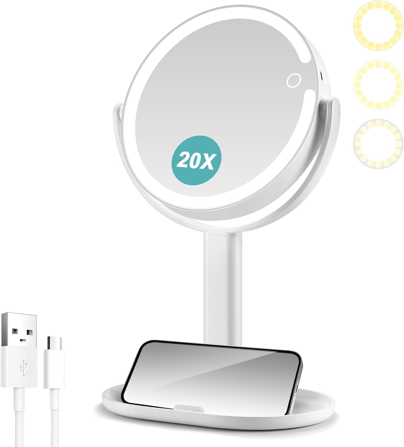 Lighted Makeup Mirror,1X/20X Magnifying Vanity Mirror,with Cell Phone Holder Bas...