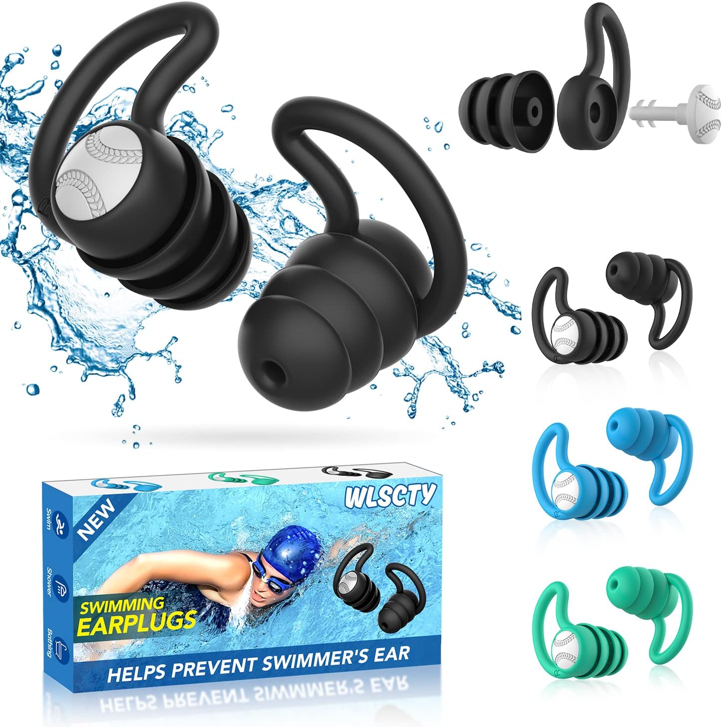 Waterproof Swimming Ear Plugs for Adults - 3 Pairs Silicone Swim Earplugs for Su...