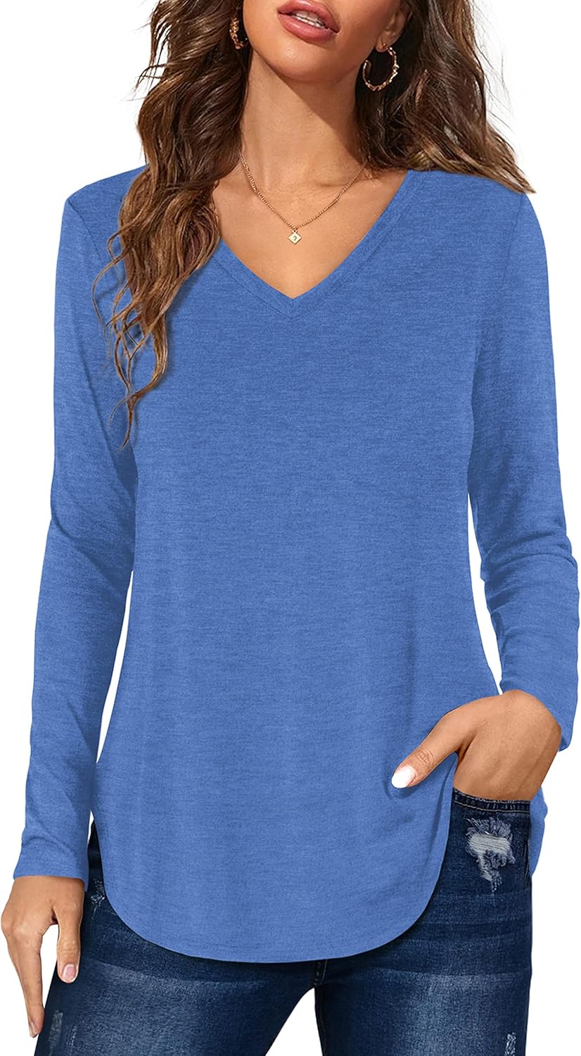 Florboom Womens Casual Loose Tops Tshirts Short/Long Sleeve V Neck Plain Longlin...