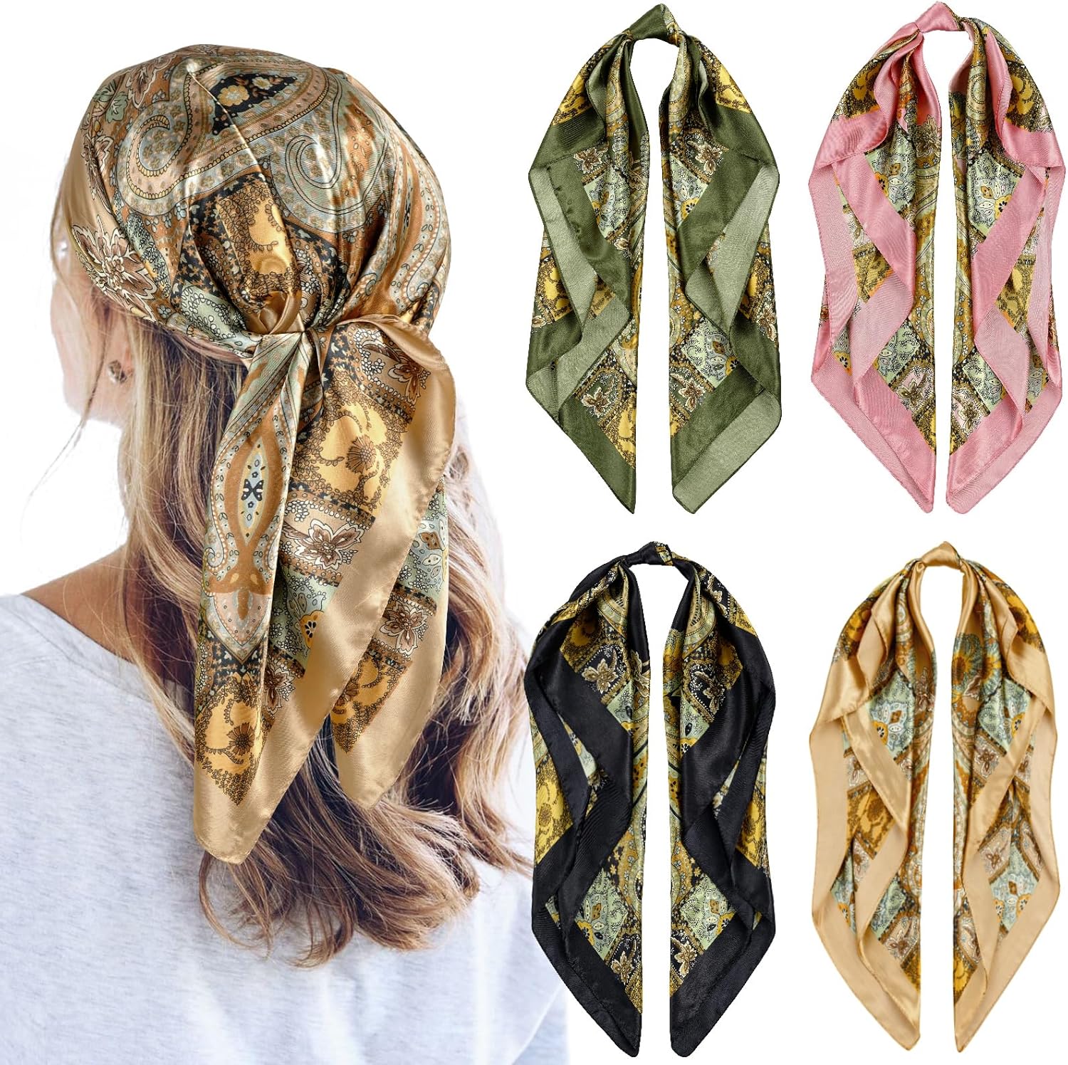 QBSM 4 Pcs 35'' Satin Head Scarf Silk Feeling Neck Scarves Hair Wrap for Sleepin...