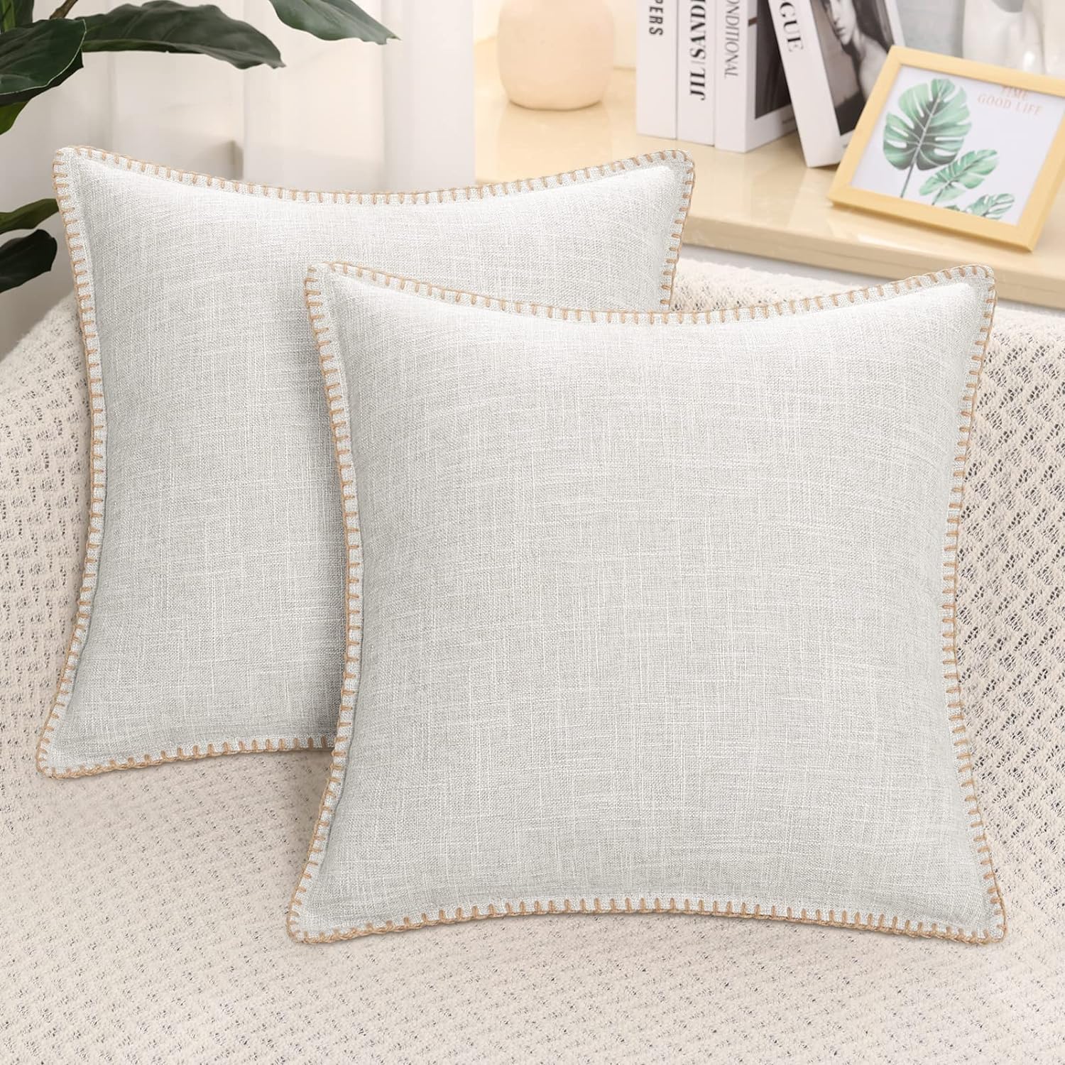 decorUhome Set of 2 Linen Cushion Covers 50X50cm,Decorative Outdoor Plain Vintag...