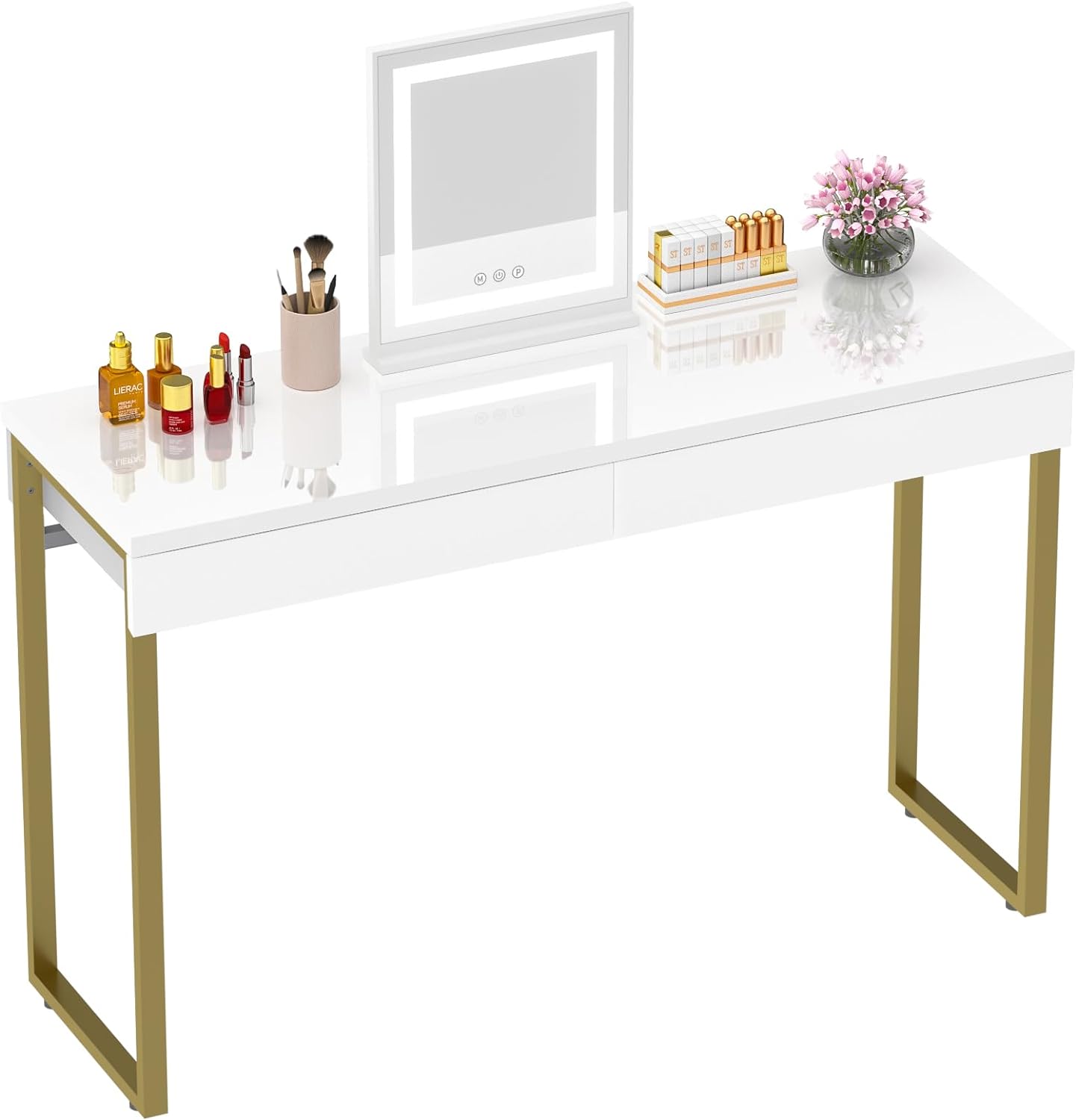 GreenForest Dressing Table with 2 Drawers Glossy White 100 x 40 cm Home Office C...