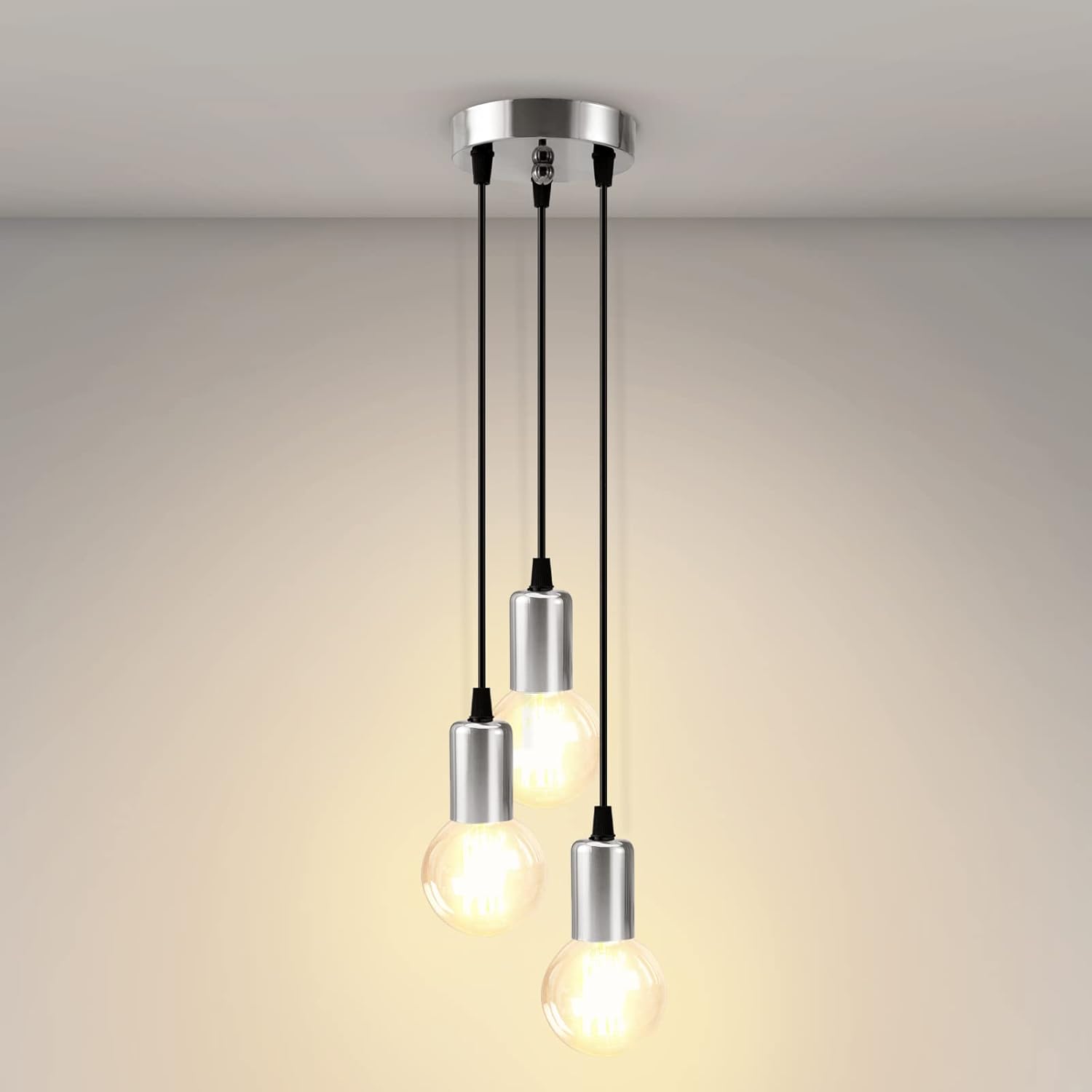 EMKE Industrial Pendant Light, Chrome Retro Ceiling Light 3-Light E27 Holder Vin...