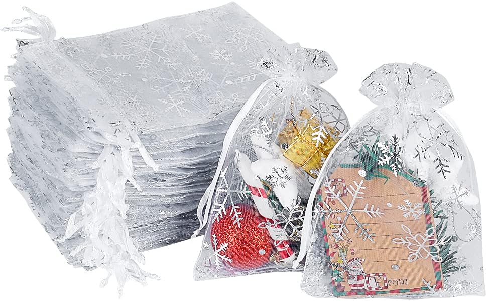100Pcs Christmas Organza Bags Medium 10X15cm, Organza Gift Bags White Snowflake...