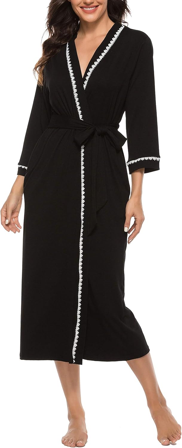 Vlazom Womens Dressing Gown Soft Kimono Robe V-Neck Long Knit Bathrobe Nightwear...