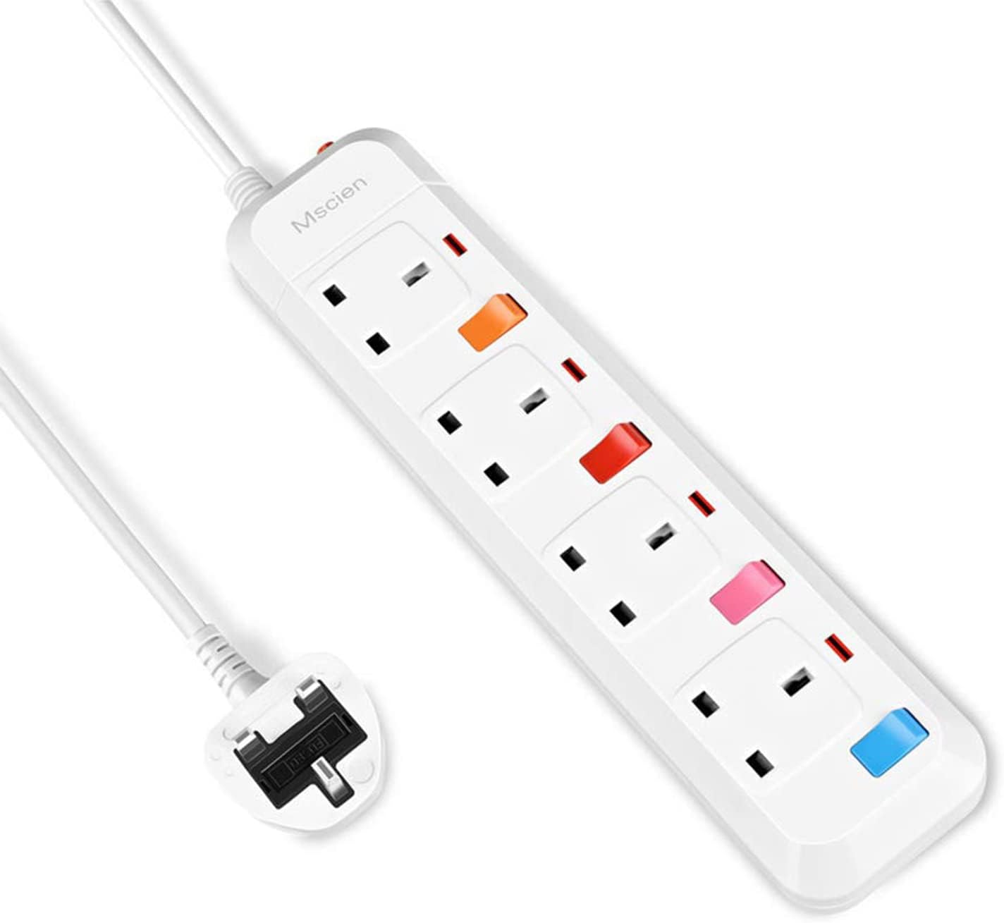 Mscien 3M Extension Lead With Independent Switch 4 Way Extension Lead UK Wall Mo...