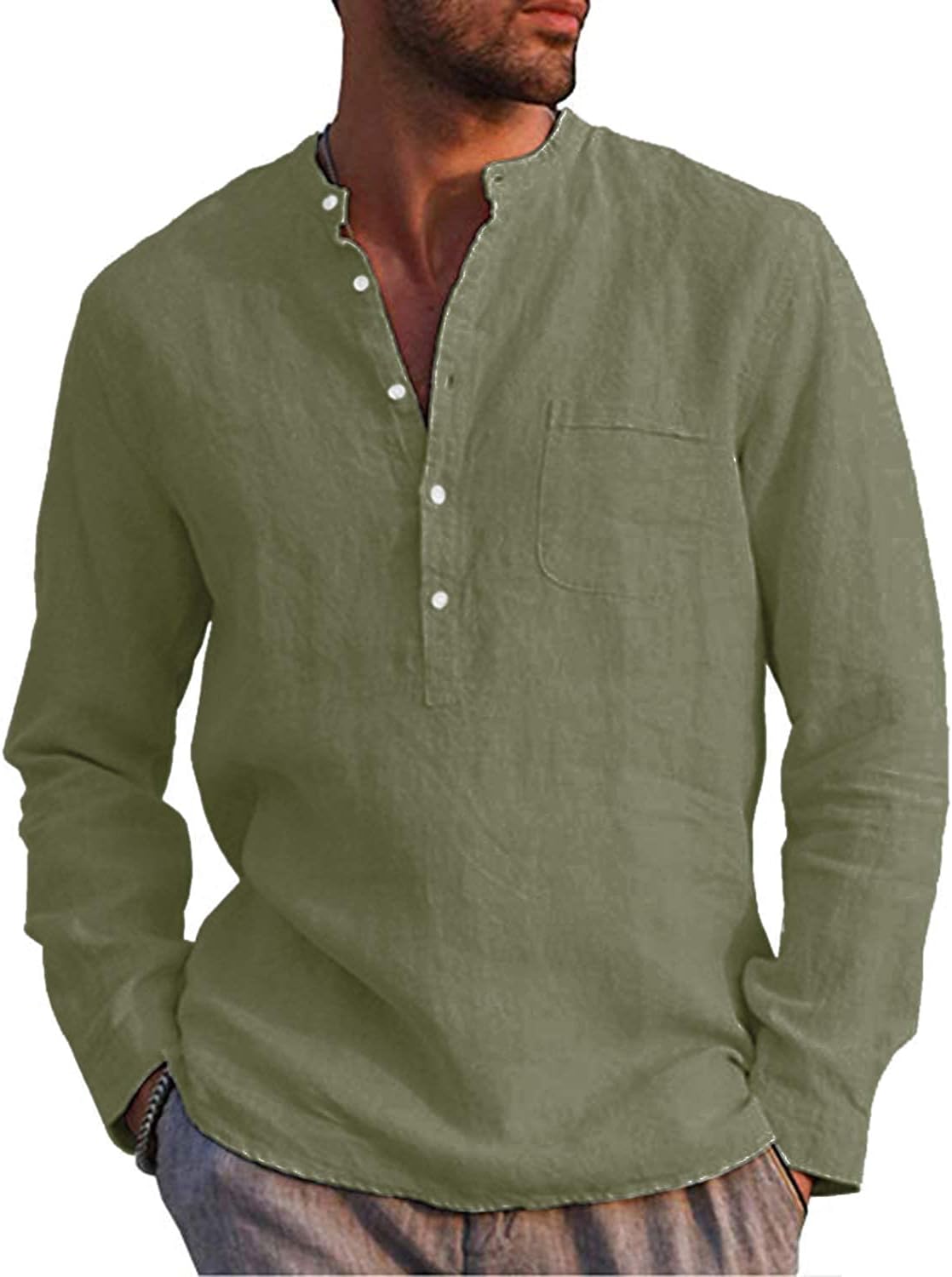 LVCBL Mens Casual Cotton Shirt Long Sleeve Band Collar Henley Shirt Tops Army Gr...