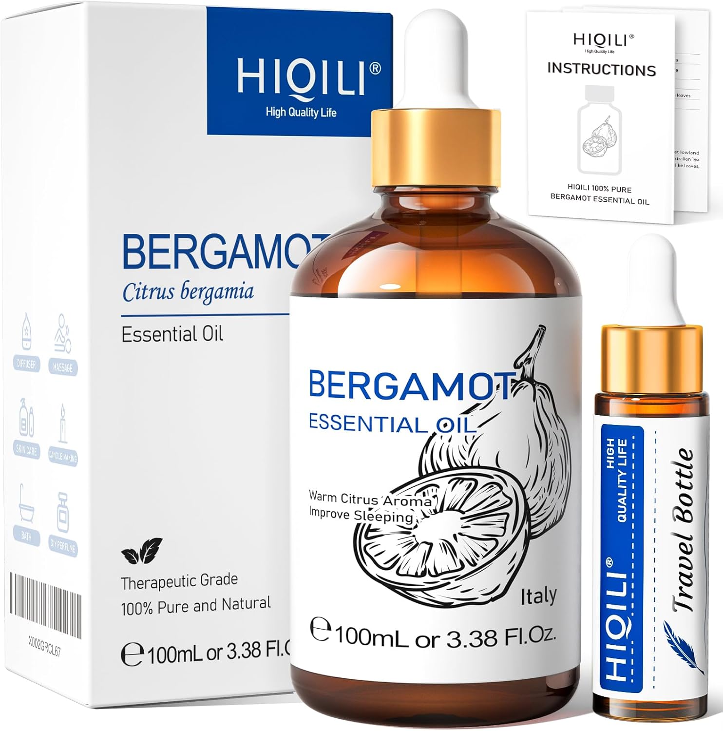 HIQILI Bergamot Essential Oil, Pure Natural Bergamot Oil for Skin Care, Special...