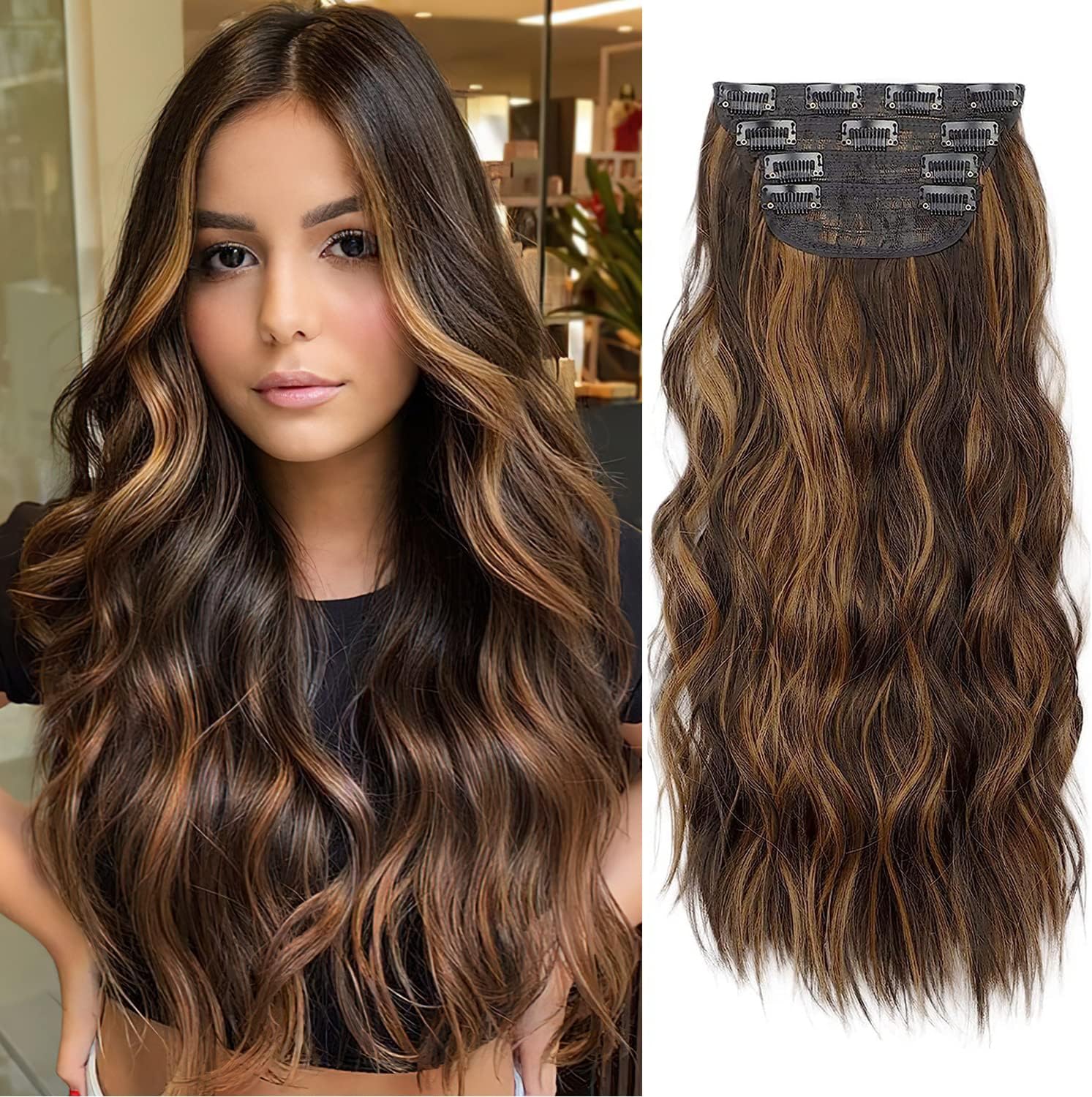 4PCS Brown Hair Extensions Clip in, Special Curly Synthetic Clip in Hair Extensi...