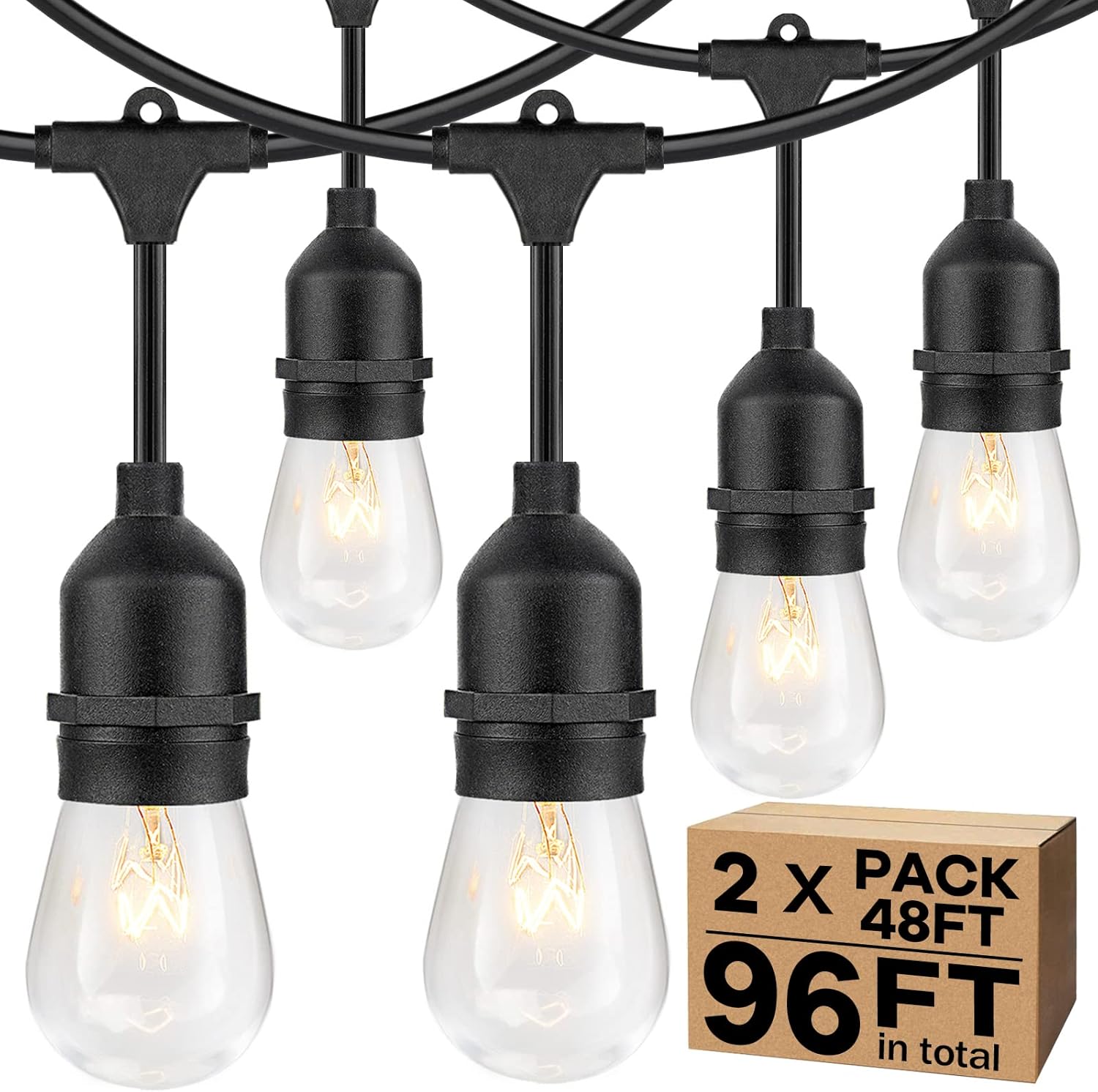 2-Pack 96FT Outdoor String Lights with Dimmable 11W Edison Vintage Bulbs, Waterp...