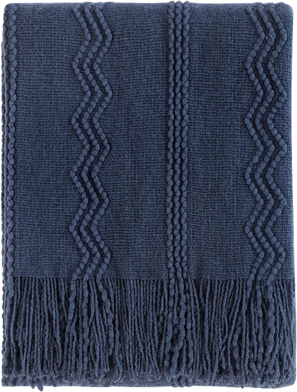 BOURINA Navy Throw Blanket Textured Solid Soft Sofa Couch Decorative Knitted Bla...