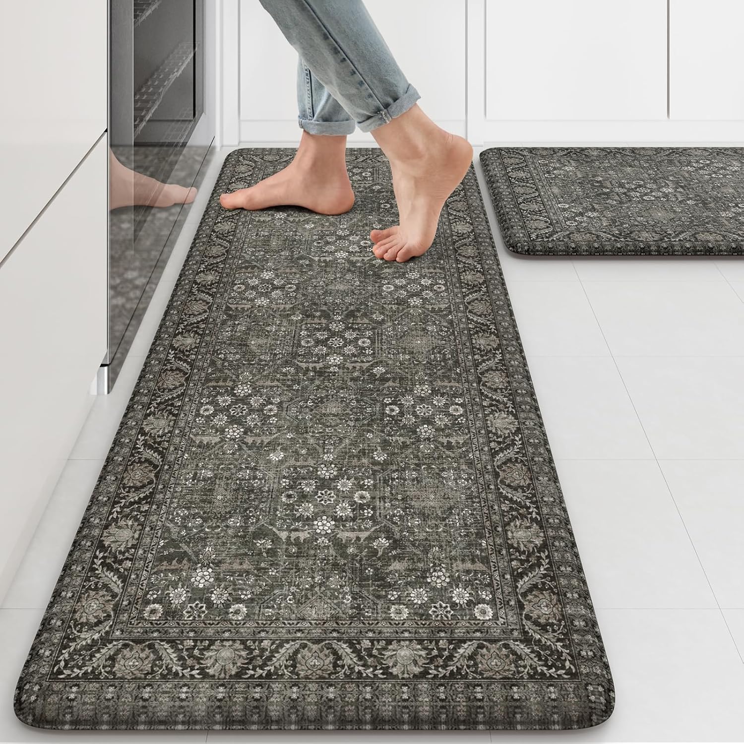 KIMODE Anti Fatigue Kitchen Mat 2PCS,Waterproof Farmhouse Green Kitchen Rugs Non...