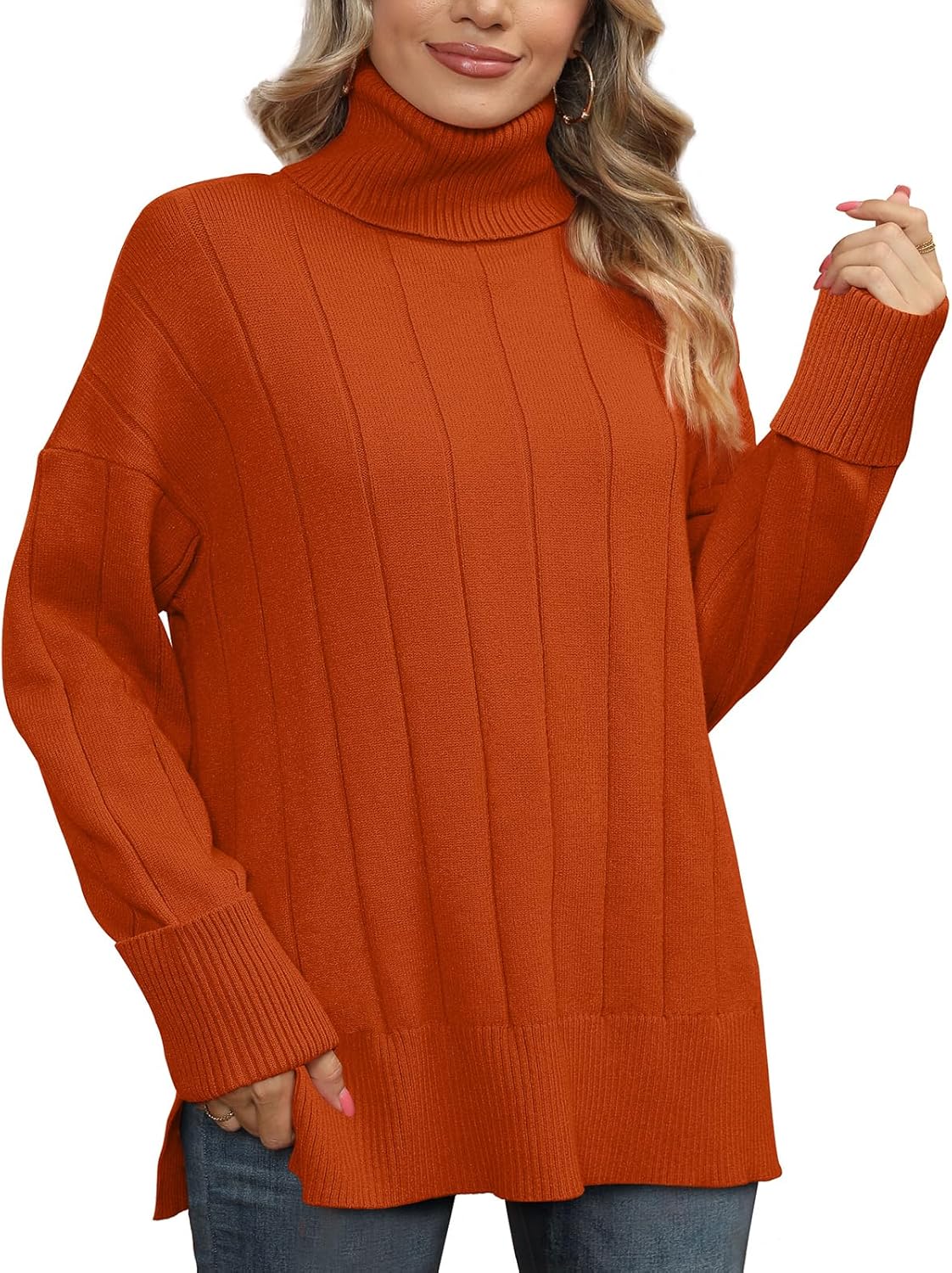 Glanzition Sweaters for Women Turtleneck Side Split Oversized Pullover Tops 17-o...