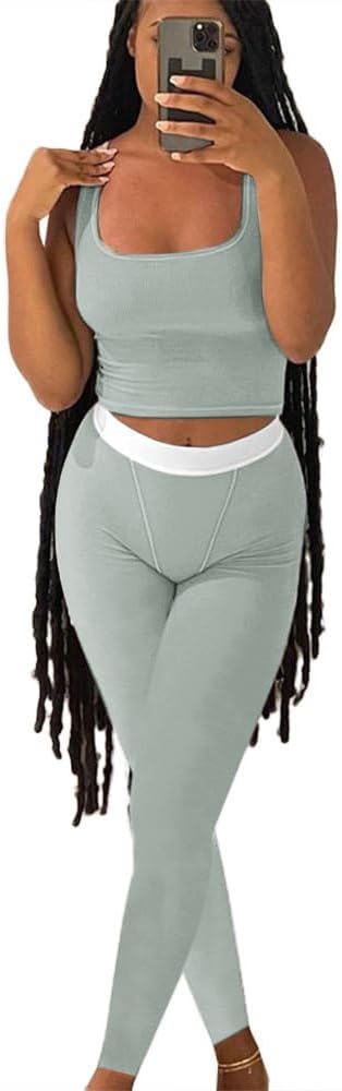 ZFLM Casual Workout Sets Two Piece Outfits for Women Ribbed Crop Tank Top High W...