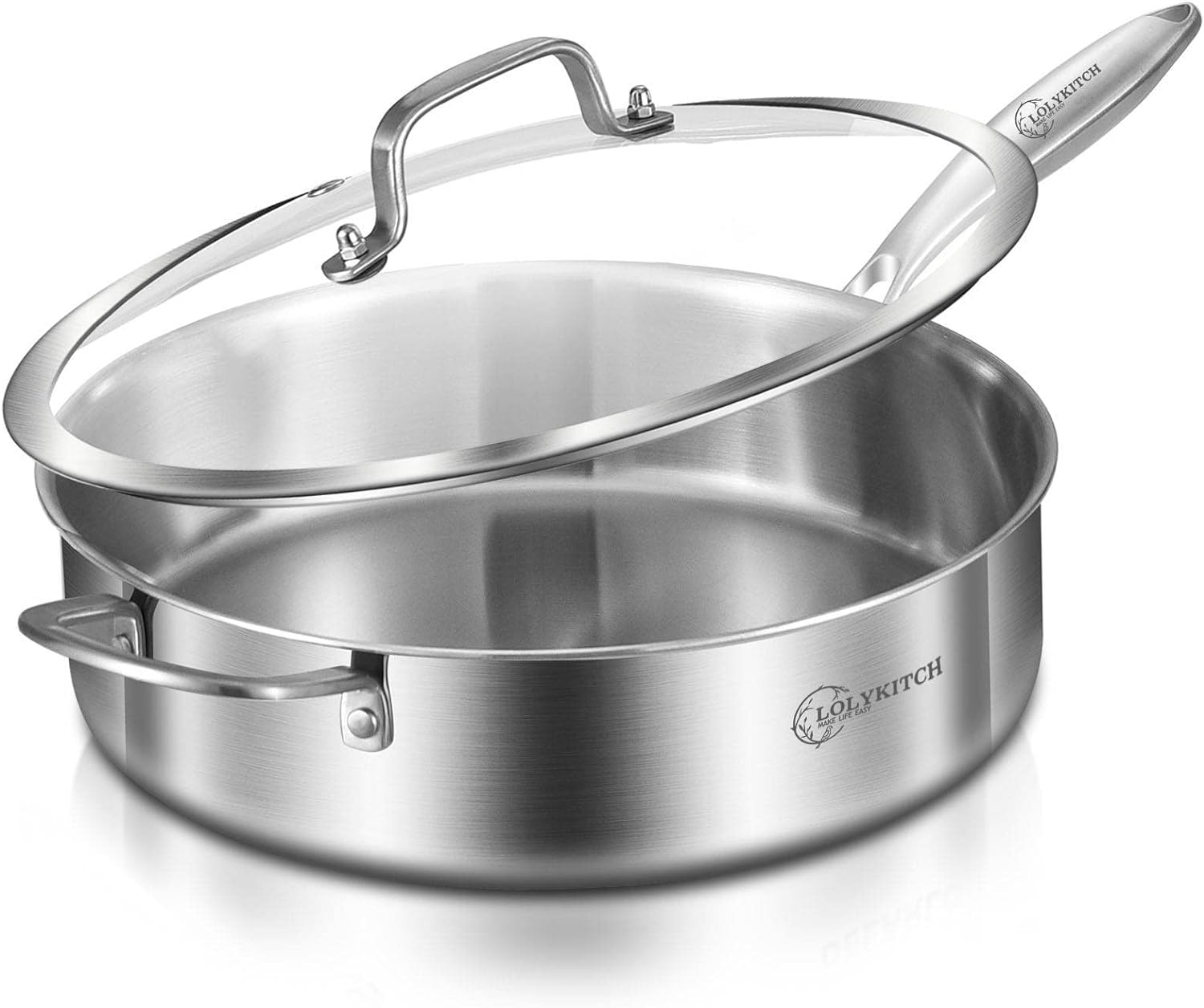 6 QT Tri-Ply Stainless Steel Sauté Pan with Lid,Deep Frying Pan,Large Skillet,Ju...