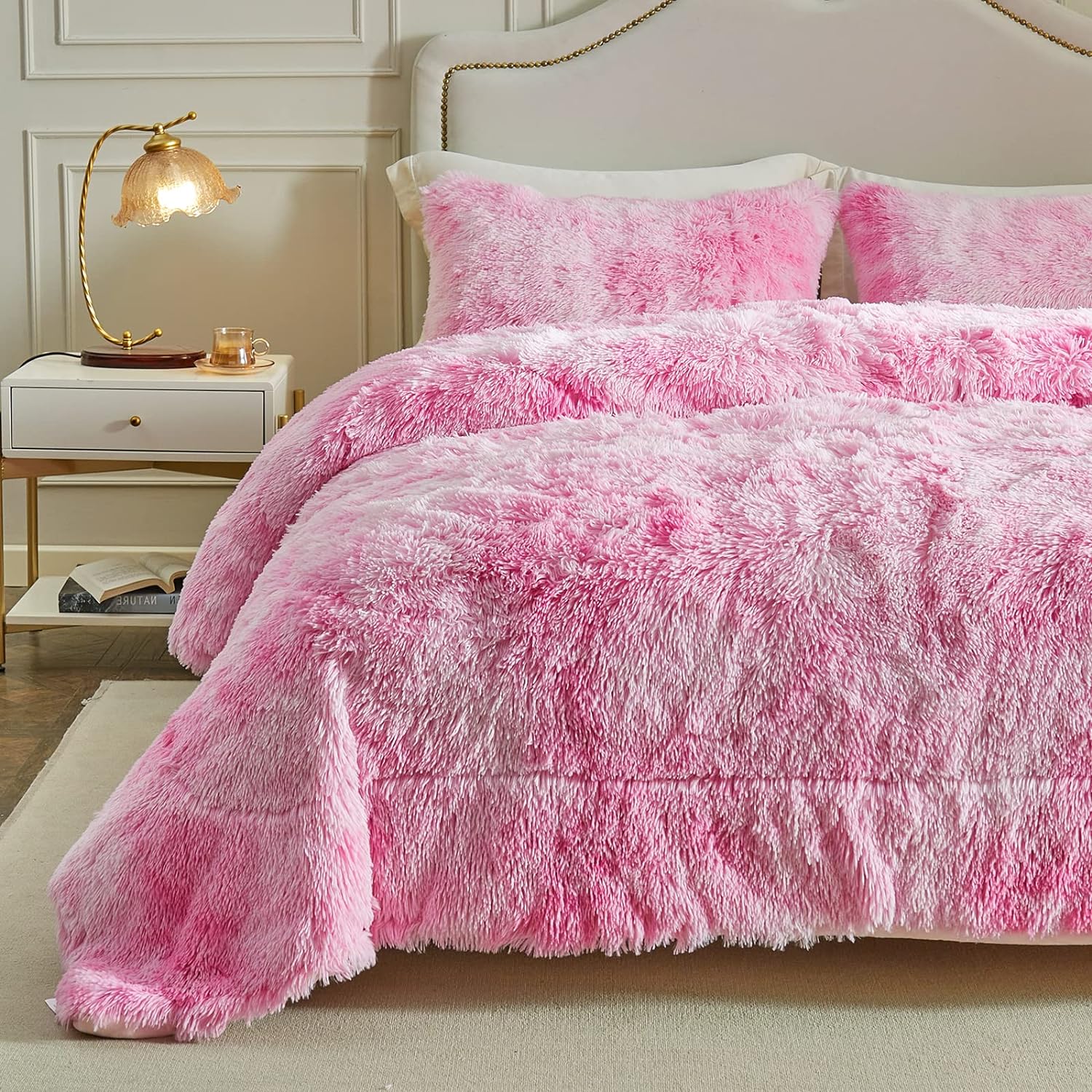 Wajade Faux Fur Plush Pink Comforter Set Fluffy Fuzzy Shaggy Bedding Set - 3PC F...