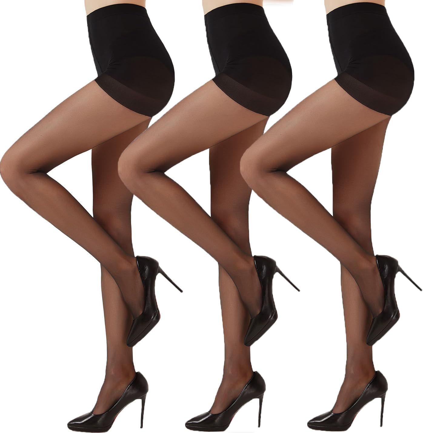 Citystl 3 Pairs Black Sheer Tights for Women - 20D Not Rip Control Top Pantyhose...