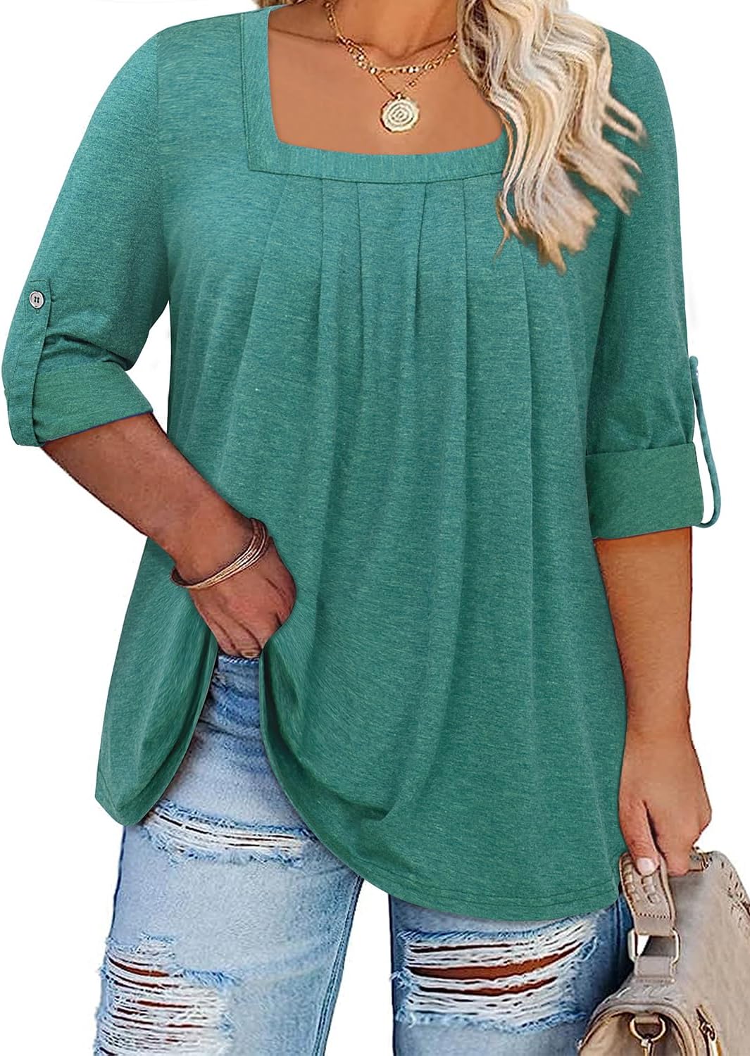 Siddhe Women Short Sleeve Plus Size Tunics, Square Neck Tops Casual Loose Fit T...