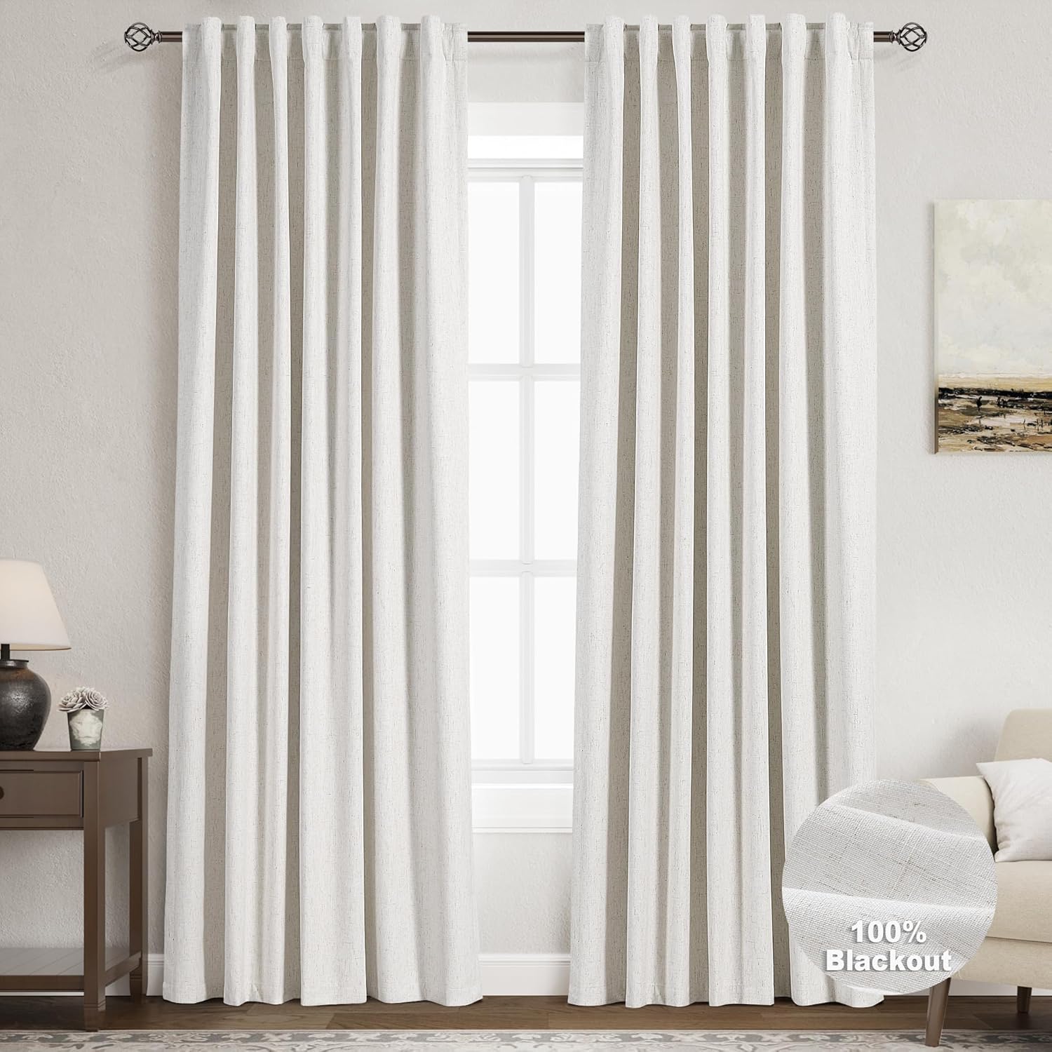 100% Blackout Linen Curtains 90 inch Length 2 Panels for Living Room Loop Pocket...