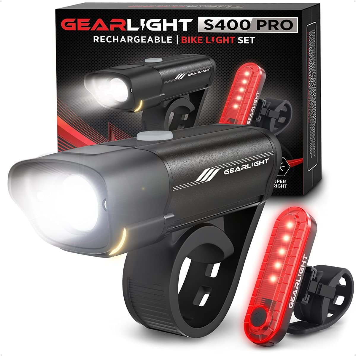 GearLight S400 Rechargeable Bike Light Set - Night Riding Accessories - White El...