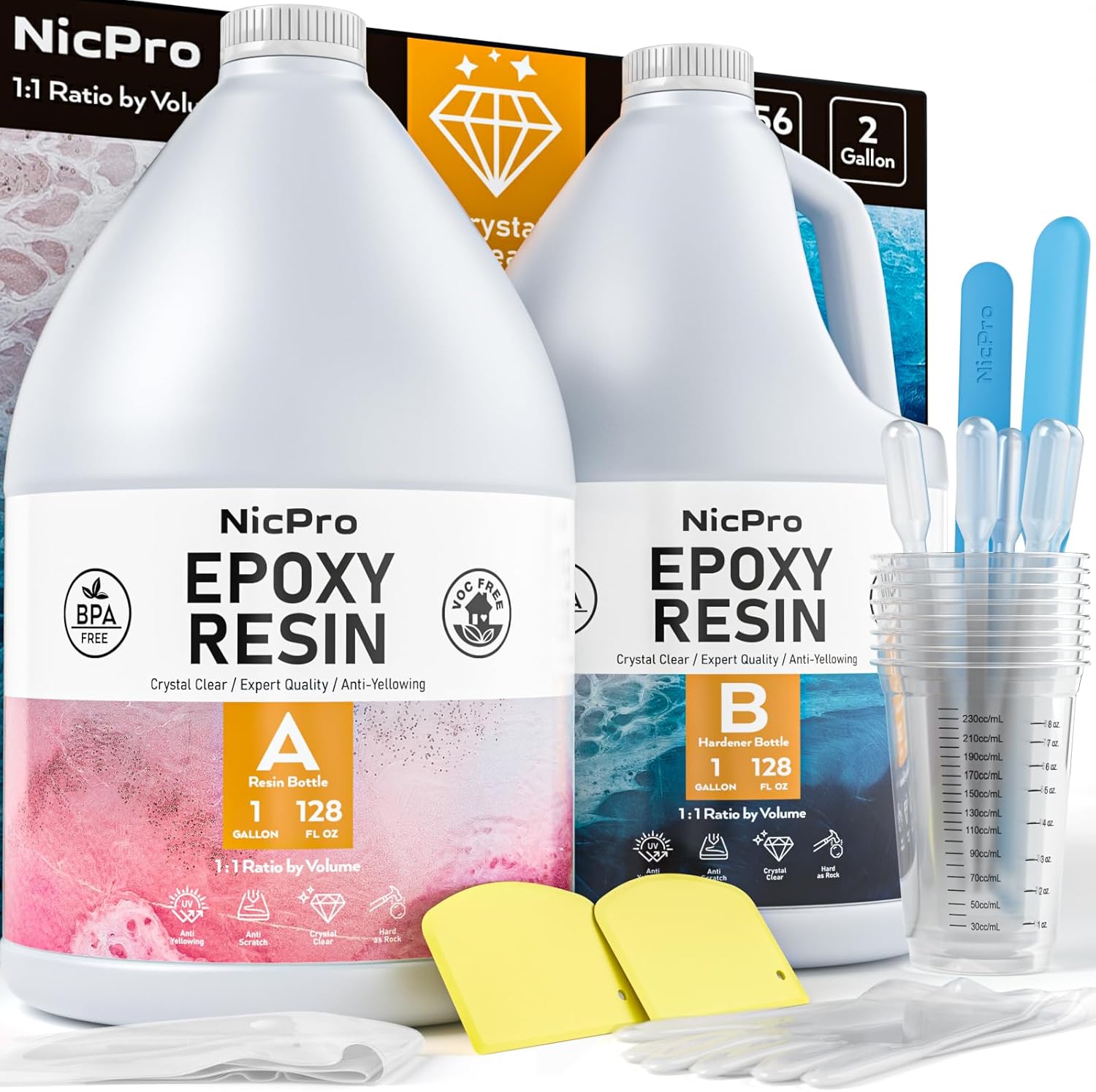Nicpro 2 Gallon Crystal Clear Epoxy Resin Kit, High Gloss & Bubbles Free Resin S...