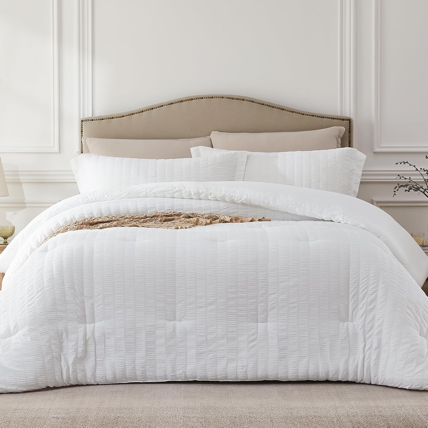 White Queen Comforter Set - 3 Pieces Seersucker Lightweight Bedding Comforter Se...