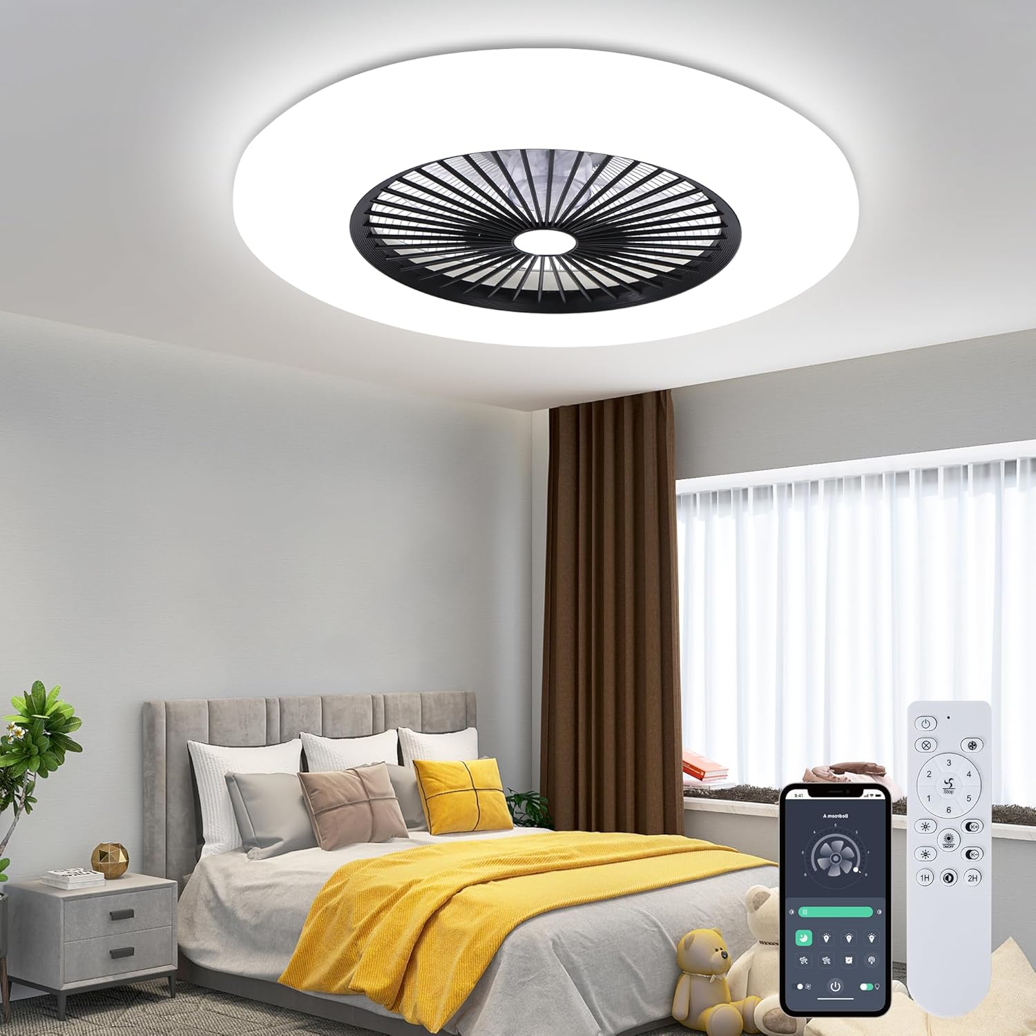 24" Low Profile Ceiling Fan with Light, Bladeless Flush Mount Ceiling Fan with 3...