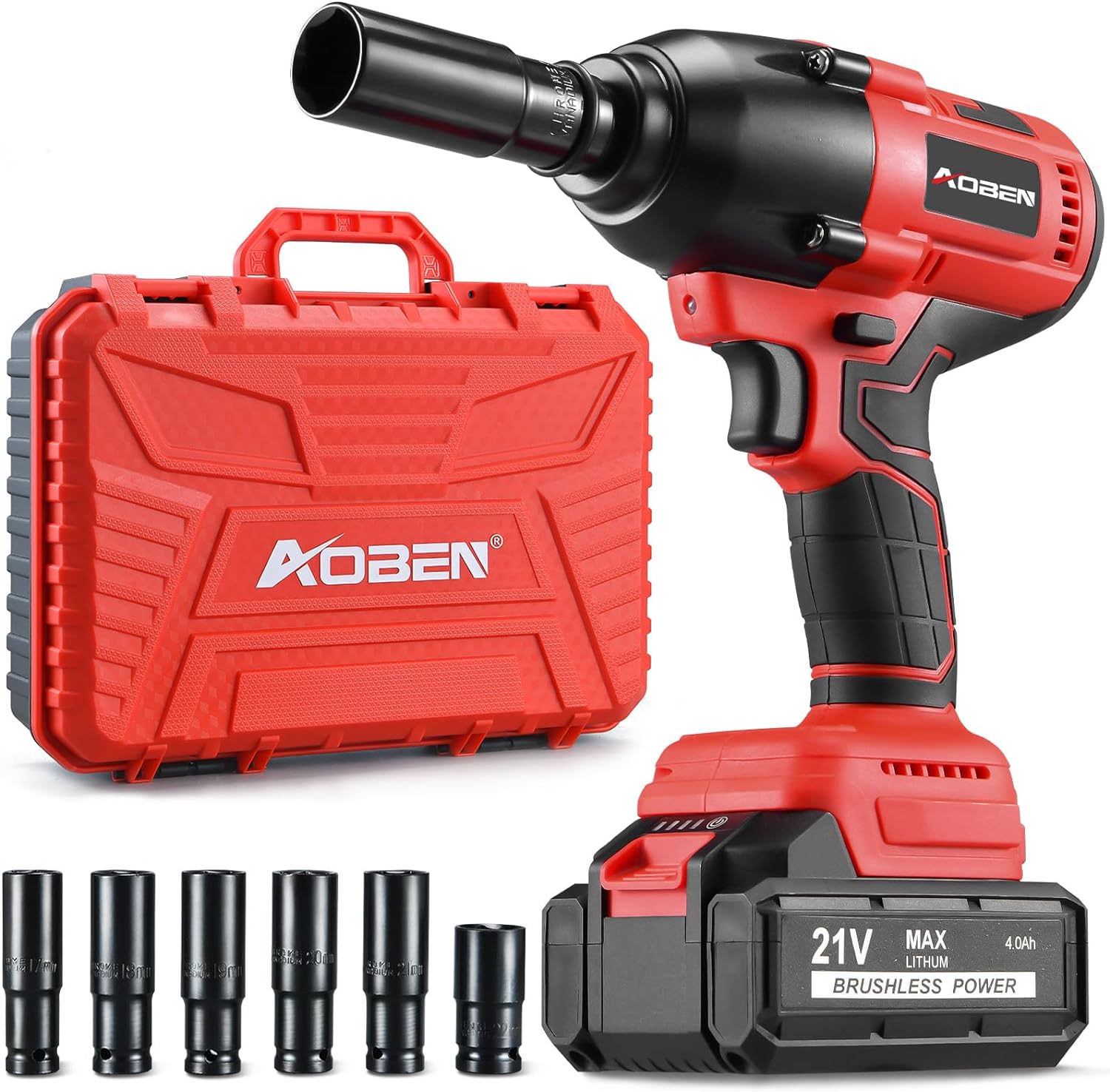 AOBEN Cordless Impact Wrench 1/2 Inch, Power Impact Gun Kit, Max 600N. M/450Ft-l...