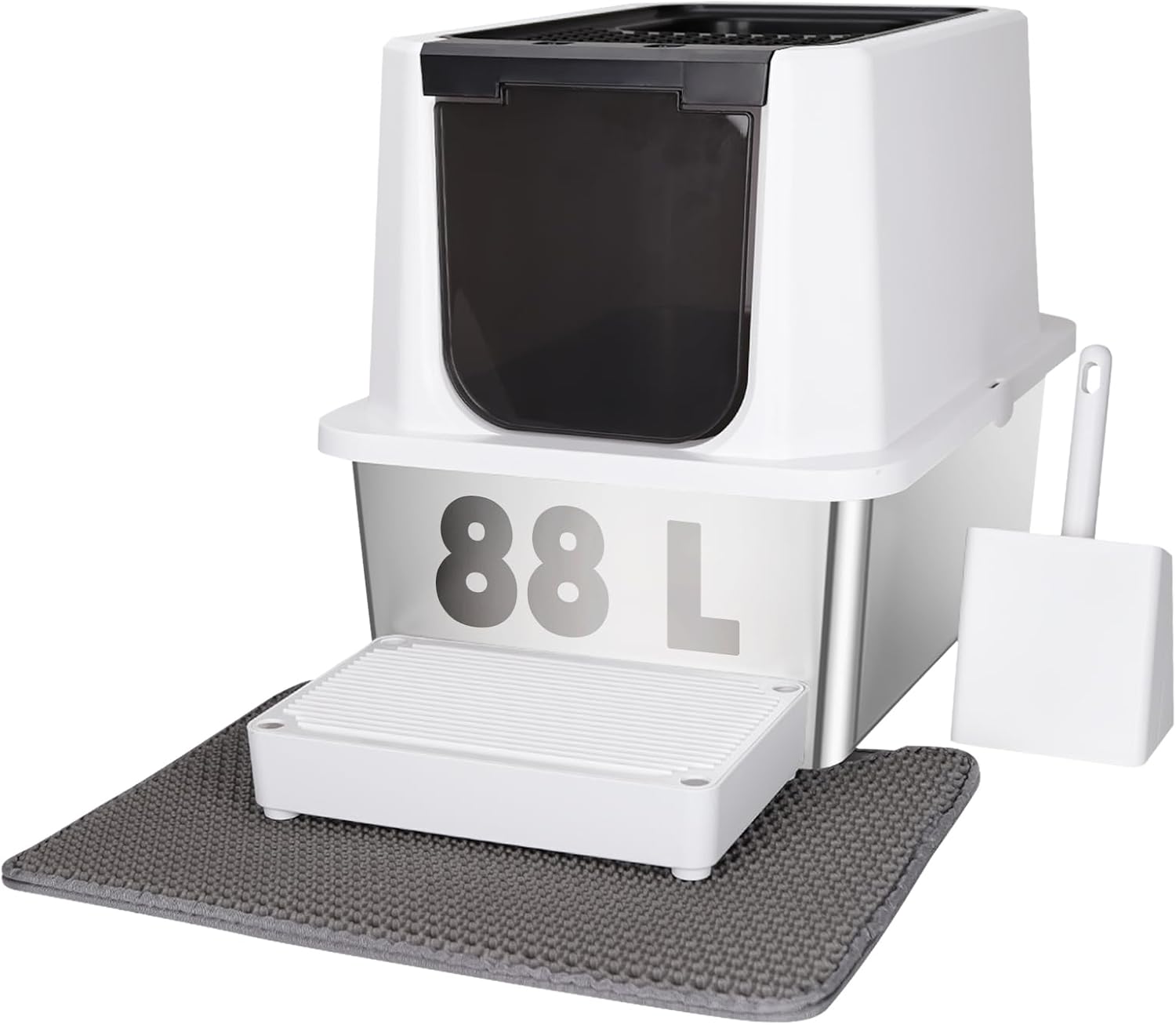 RIZZARI Stainless Steel Cat Litter Box, Semi-Enclosed Litter Box with Raised Edg...