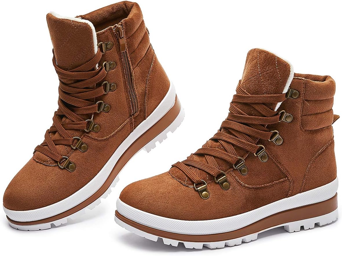 FRACORA Womens Combat Boots Lace Up Ankle Boots Winter Snow Boot Side Zipper Fas...