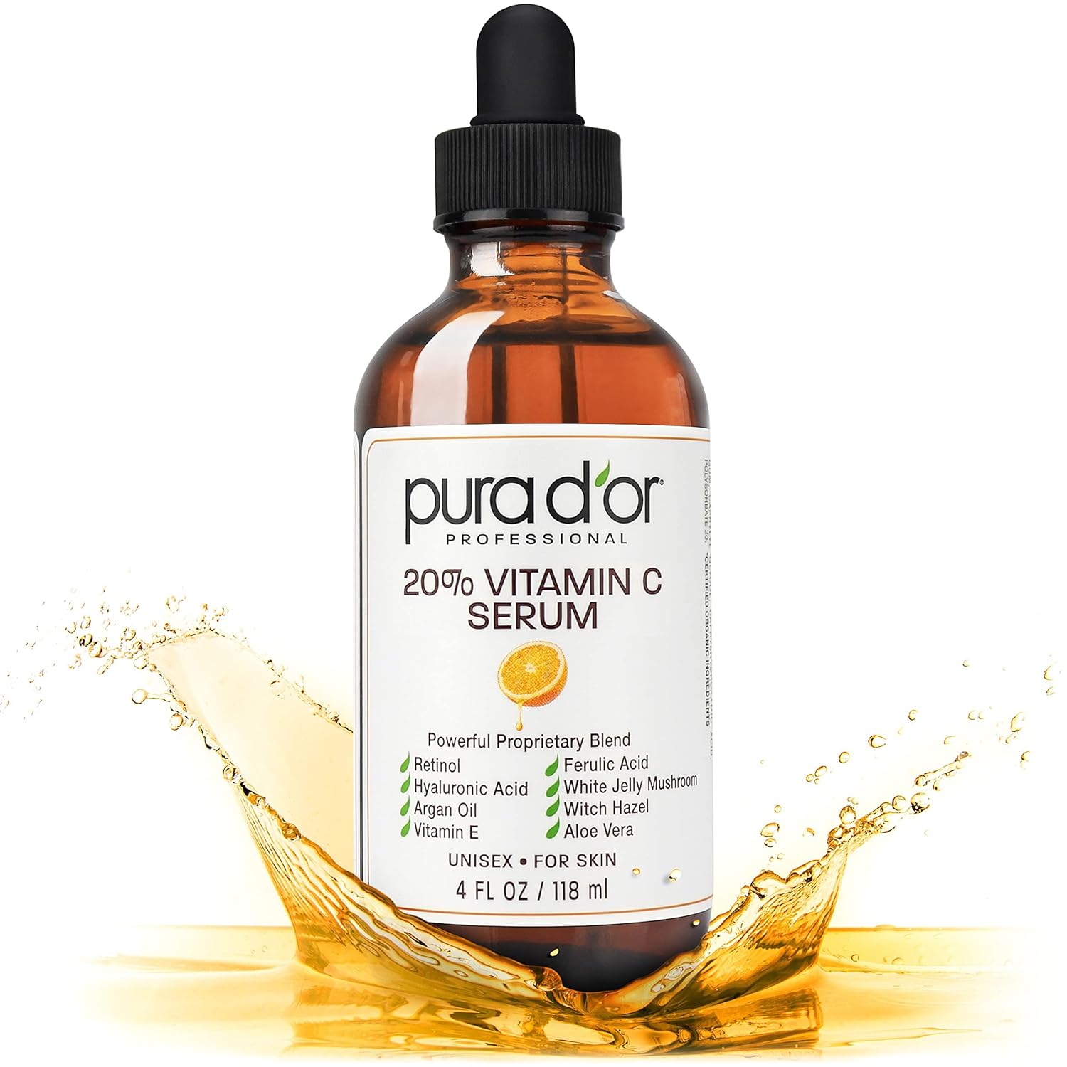 PURA D'OR 20% Vitamin C Serum 4 Oz - Lightweight Maximum Strength Formula - Reti...