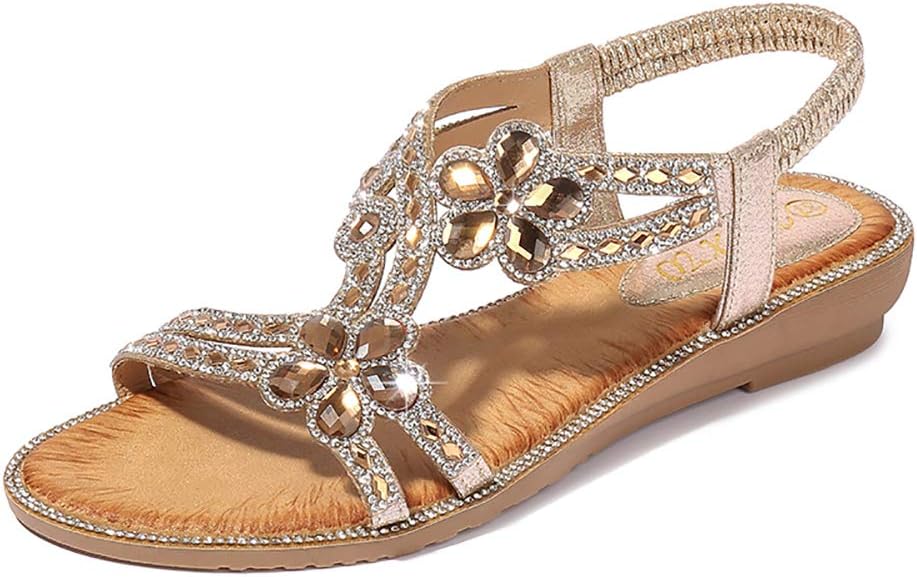 Women's T-Strap Beaded Flower Rhinestone Flat Sandals Dress Beach Shoes 7 Gold