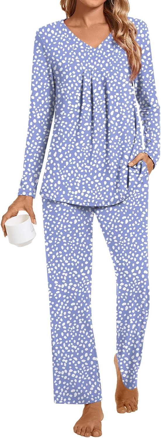 Anyhold Women's Fall 2 Piece Pajama Sets, Pleated Sleepwear Ladies Long Sleeve L...