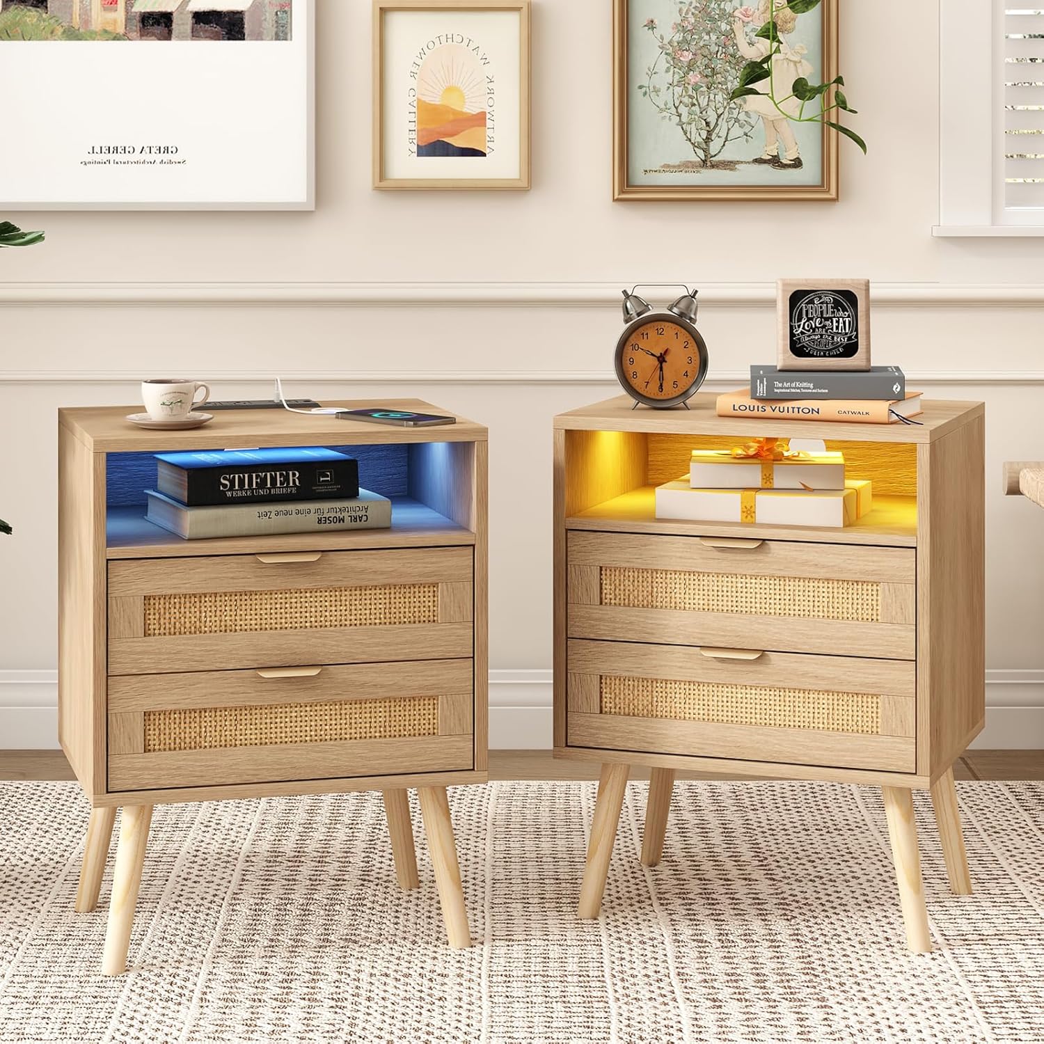 Rattan Nightstands Set of 2 with Charging Station and Led Lights, End Tables wit...