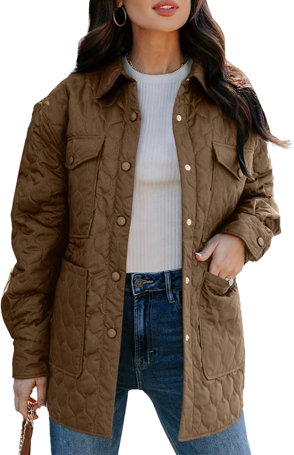 EVALESS Quilted Jackets for Women Lightweight Long Sleeve Button Down Puffer Jac...