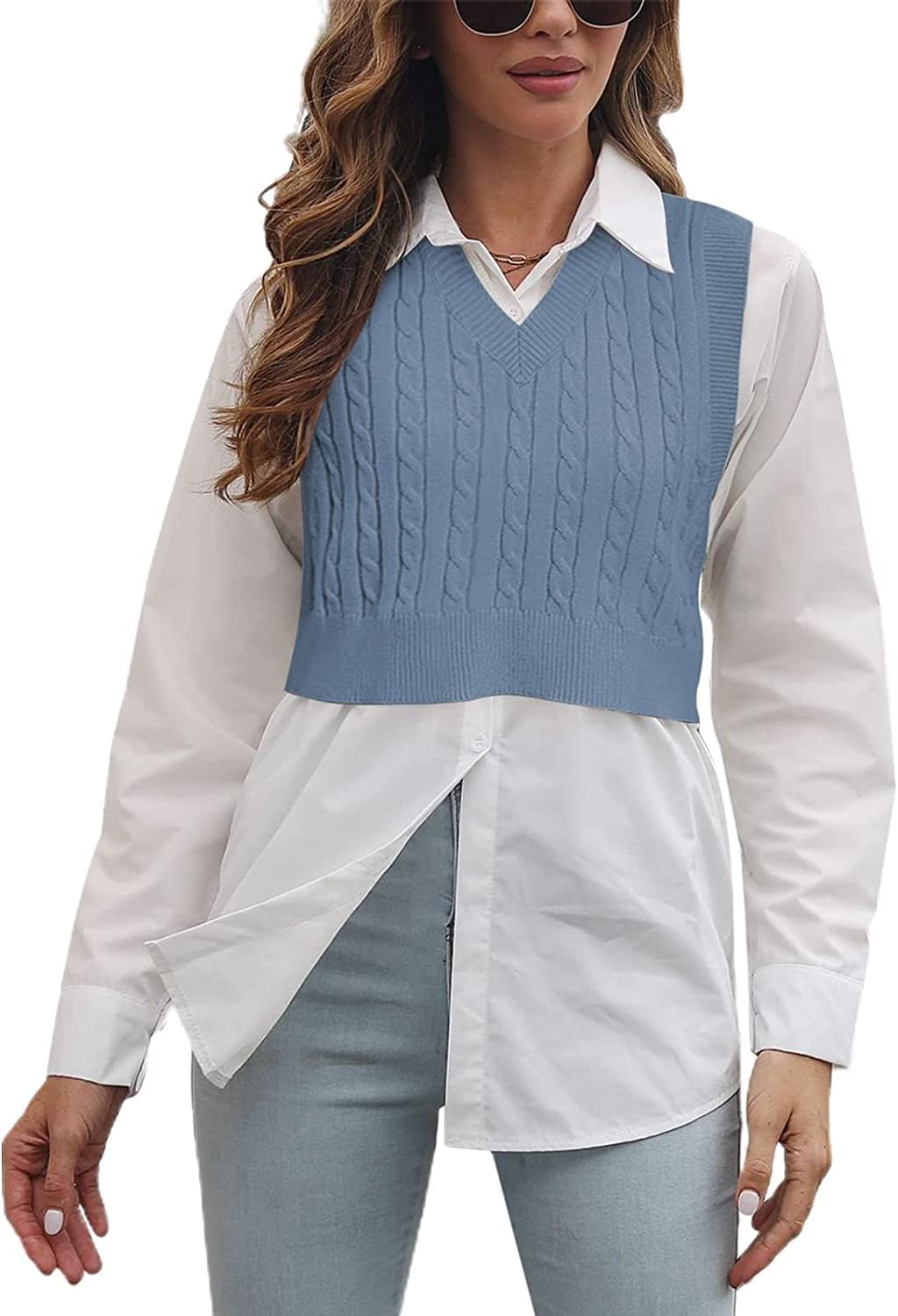 Lailezou Women's V-Neck Knit Sweater Vest, Special Solid Color Argyle Plaid, Uni...