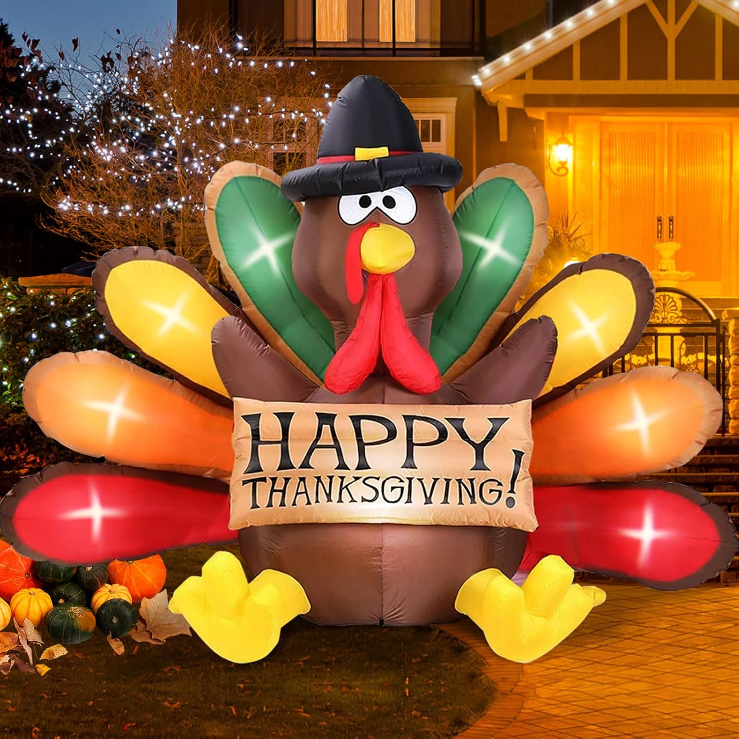 MICOCAH 6FT Thanksgiving Inflatables Turkey Decor with Pilgrim Hat & Colorful Ta...
